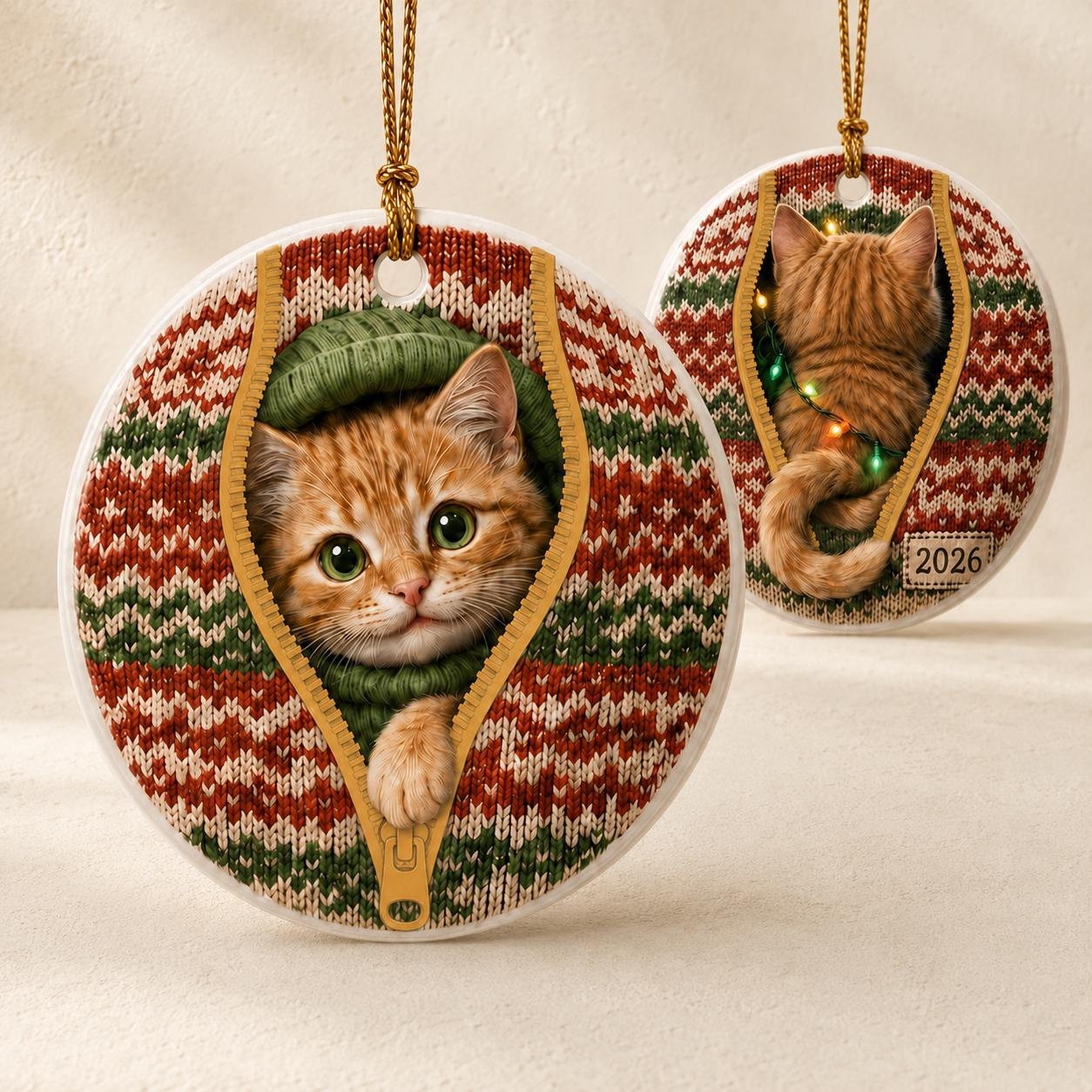 Personalized Ceramic Christmas Ornament - Ginger Cat in Festive Knit Sweater Personalized Ceramic Christmas Ornament - Ginger Cat in Festive Knit Sweater