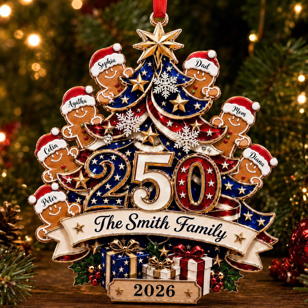 Custom 250th Anniversary Gingerbread Family Patriotic Acrylic Ornament 1776-2026 2 - MeasureMason Custom 250th Anniversary Gingerbread Family Patriotic Acrylic Ornament 1776-2026 2