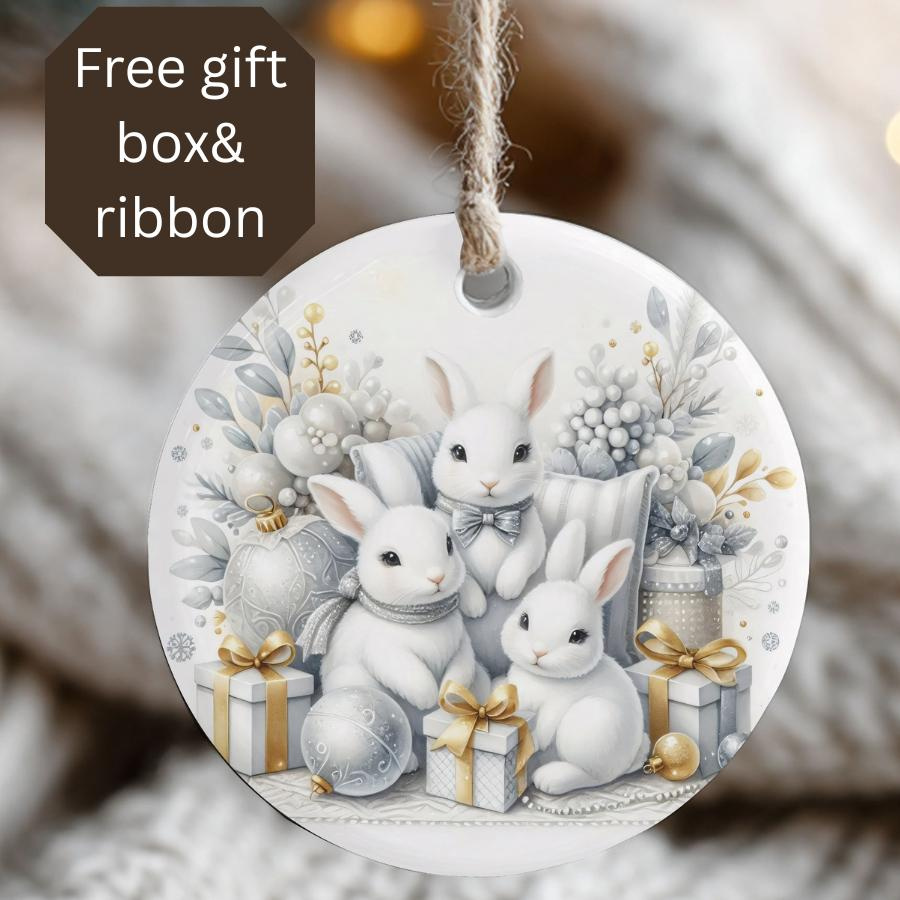 Round ceramic sublimated Christmas bunny ornament - handmade holiday keepsake gift 1 - MeasureMason Round ceramic sublimated Christmas bunny ornament - handmade holiday keepsake gift 1
