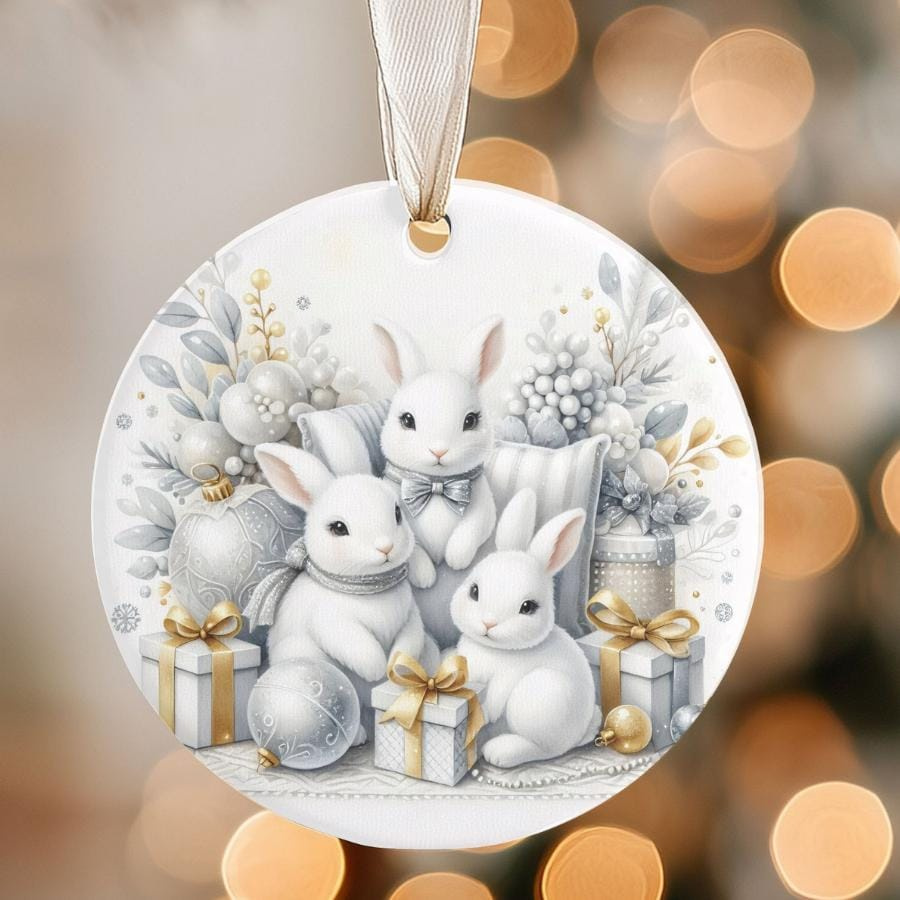 Round ceramic sublimated Christmas bunny ornament - handmade holiday keepsake gift