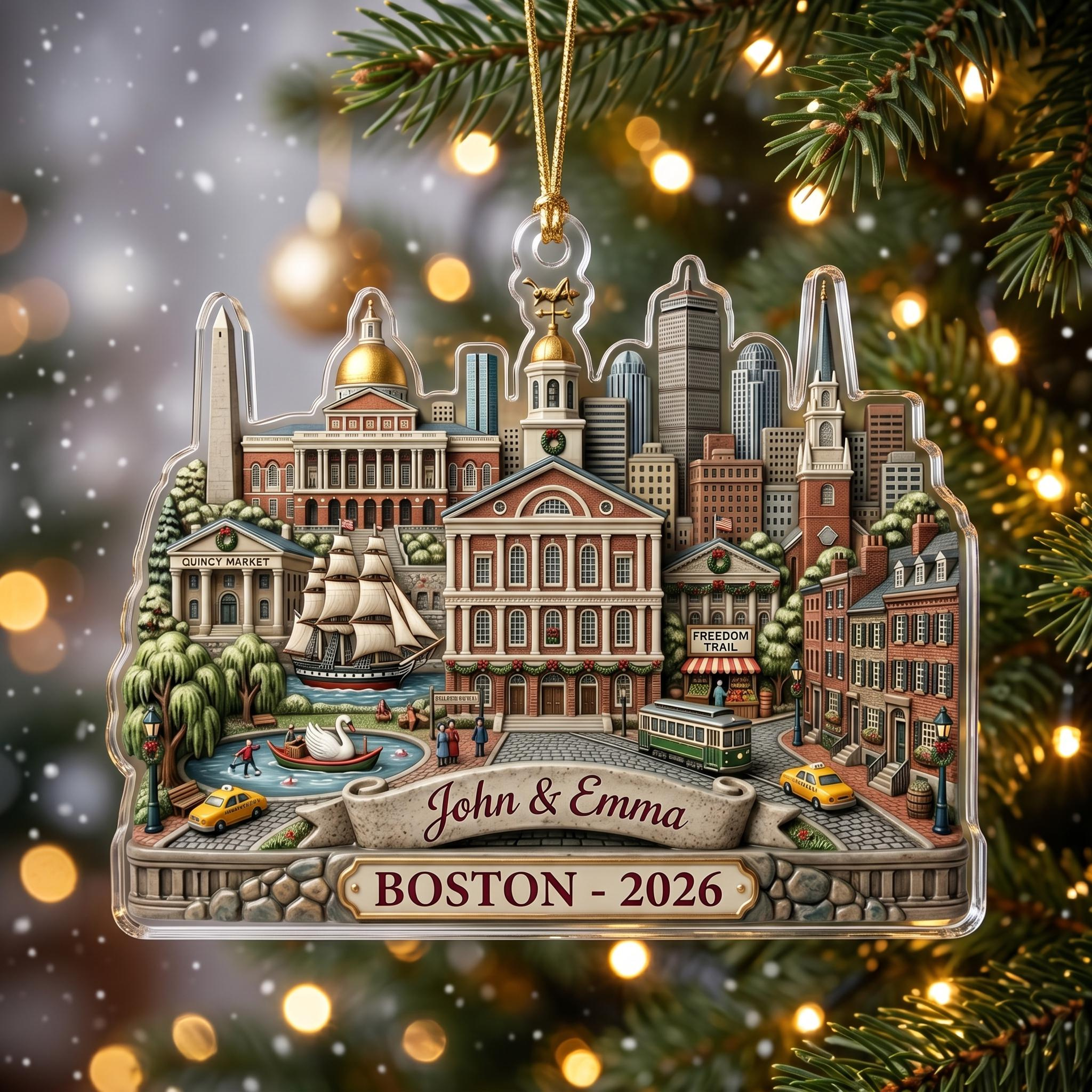 Boston Skyline Personalized Christmas Ornament - Custom Name Holiday Decor