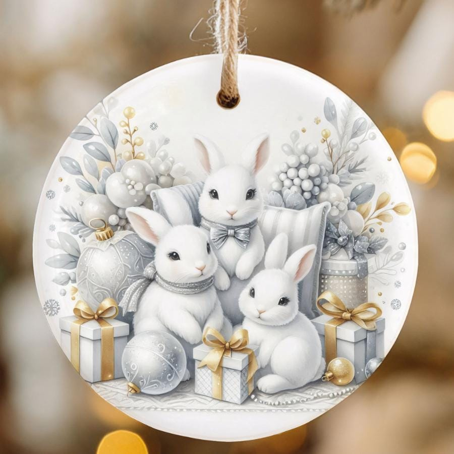 Round ceramic sublimated Christmas bunny ornament - handmade holiday keepsake gift 3 - MeasureMason Round ceramic sublimated Christmas bunny ornament - handmade holiday keepsake gift 3