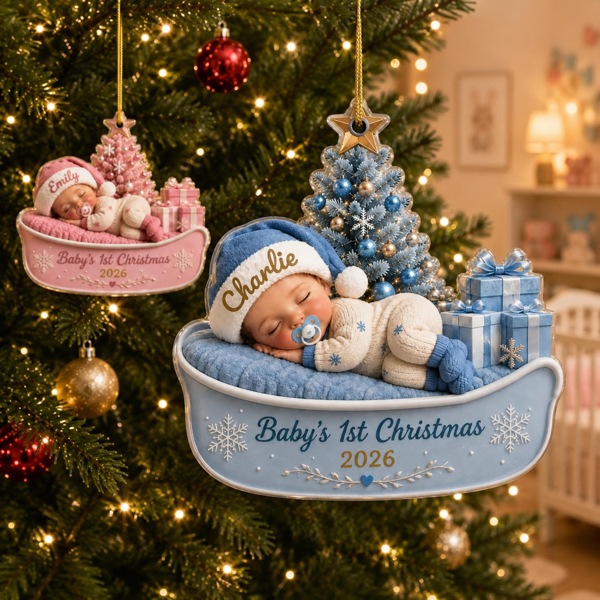 Personalized Baby's First Christmas Acrylic Ornament - Custom Name & Year Keepsake with Crescent Moon, Snowflakes & Star
