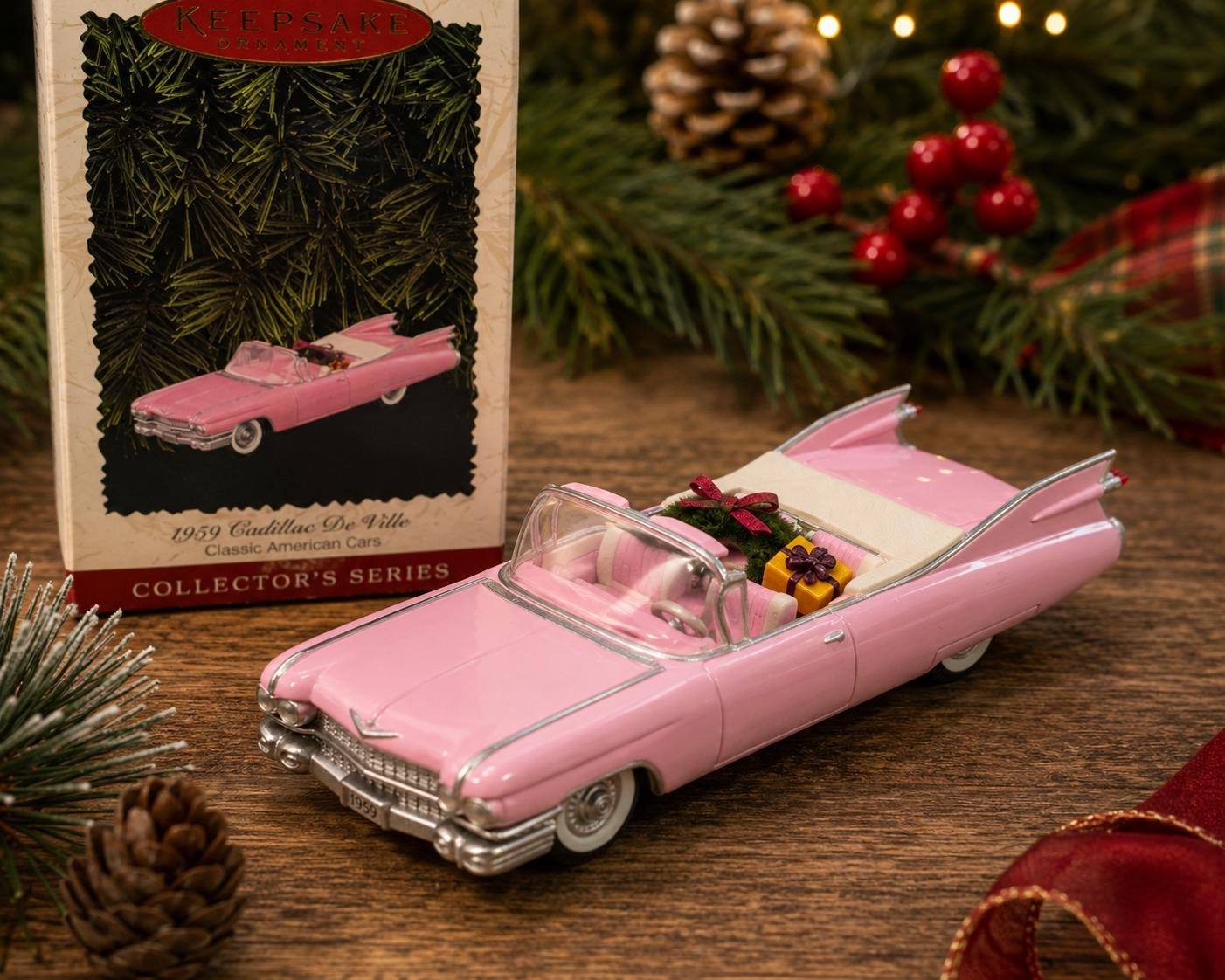 Vintage Hallmark 1959 Cadillac DeVille Keepsake Ornament, Pink Classic American Car, Christmas Ornament with Original Bo