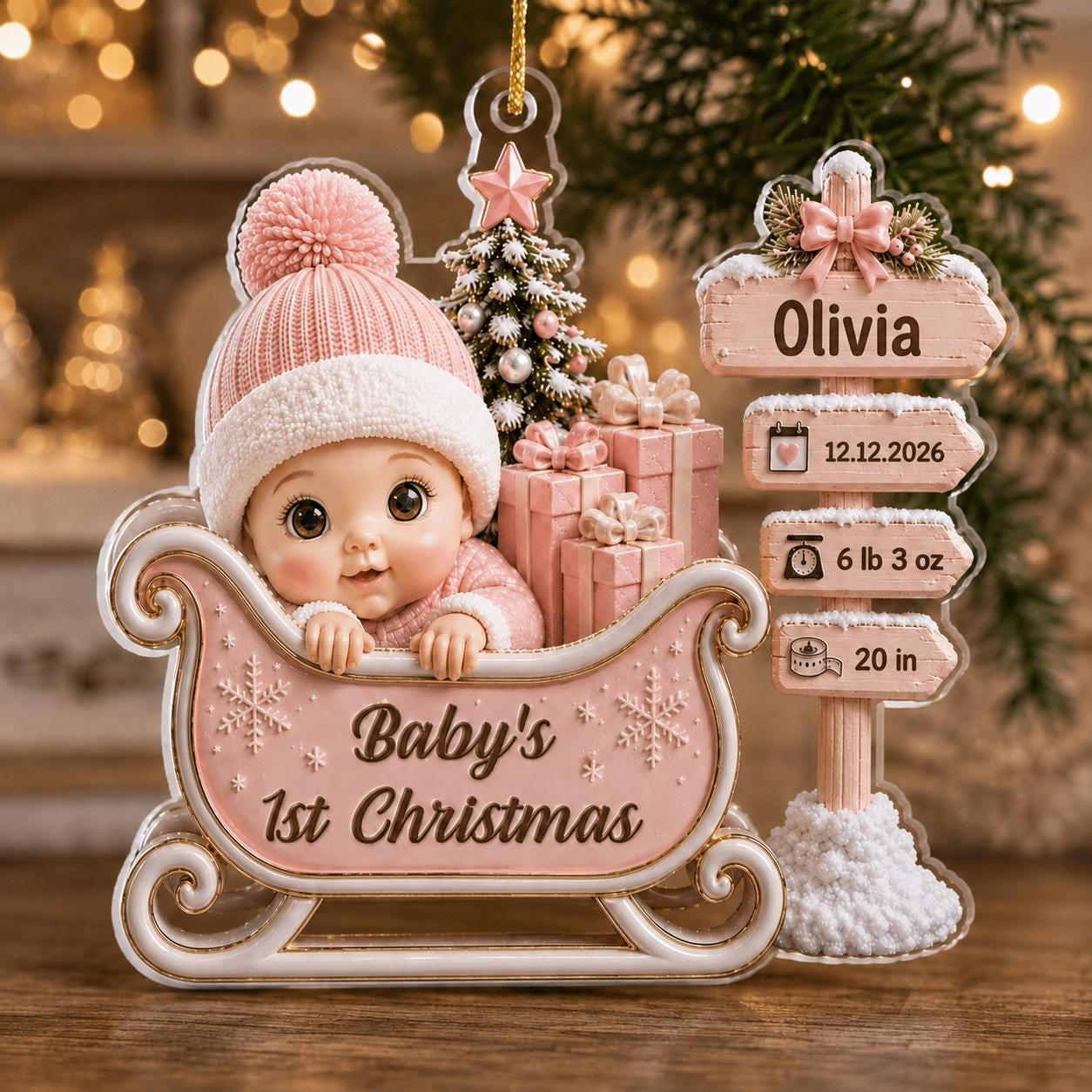Personalized Baby's First Christmas Acrylic Ornament - Custom Name, Birth Date, Weight & Length Keepsake Gift