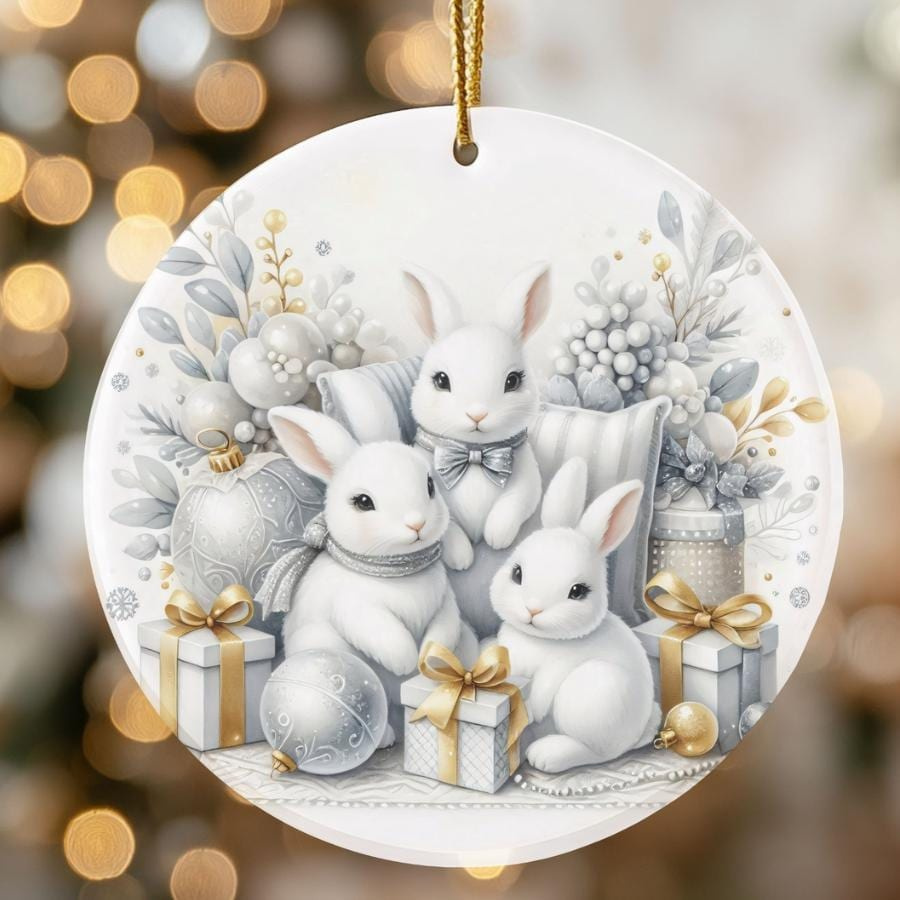 Round ceramic sublimated Christmas bunny ornament - handmade holiday keepsake gift 2 - MeasureMason Round ceramic sublimated Christmas bunny ornament - handmade holiday keepsake gift 2