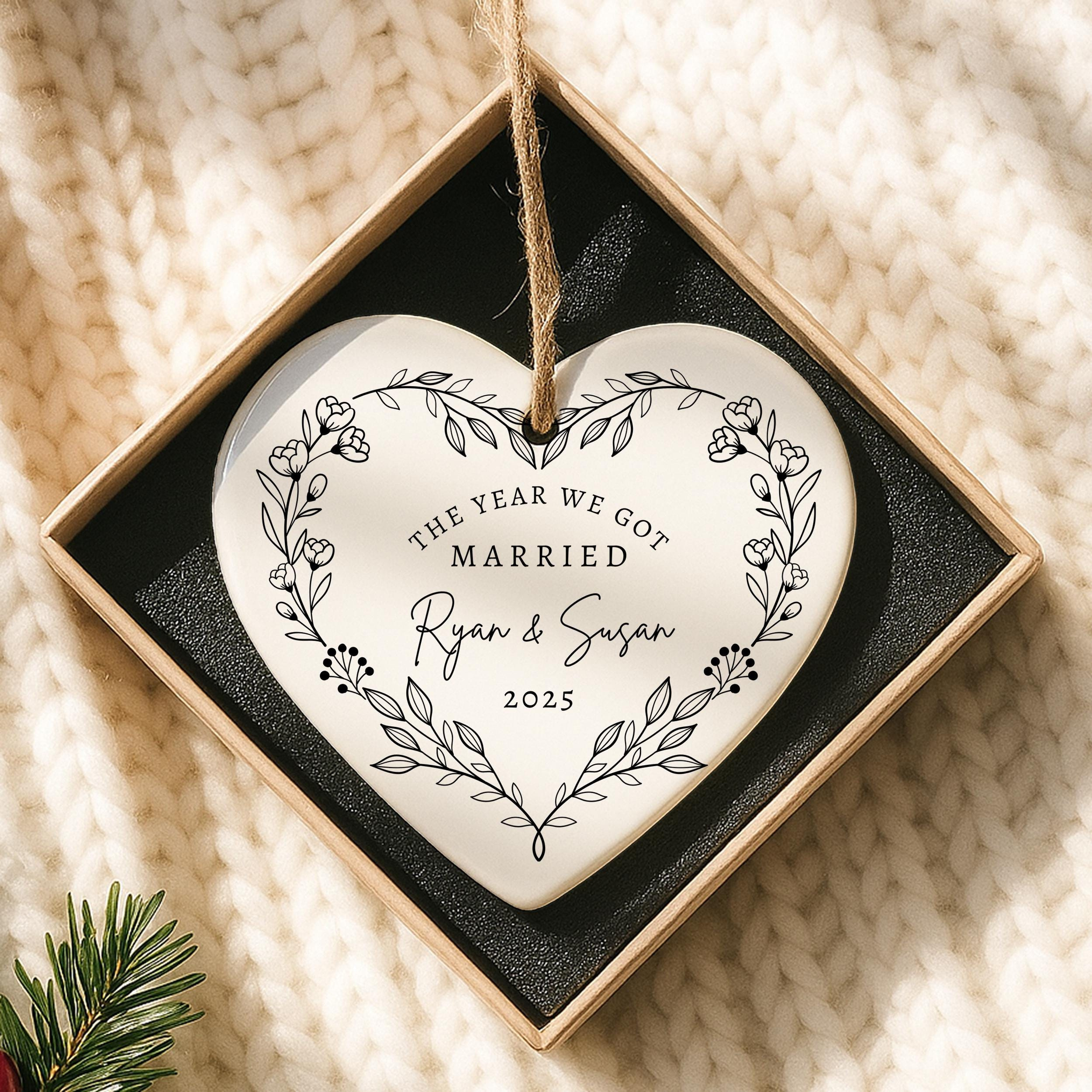 Personalized Christmas Ornament for Couples - Ceramic Wedding Keepsake