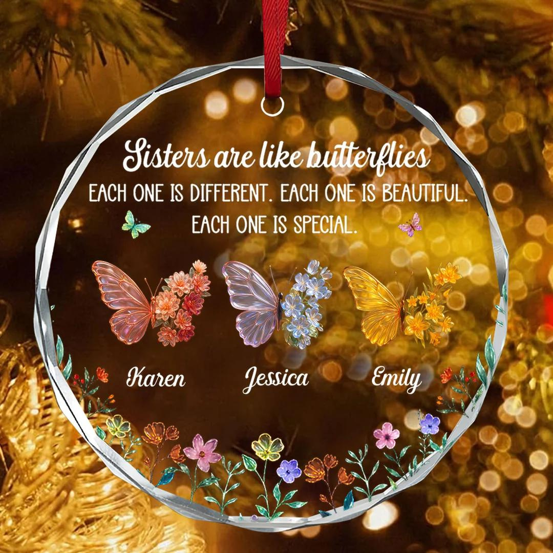 Sister Sparkling Wings Glass Ornament - Personalized Round Christmas Ornament with Custom Names, Faith Gift 1 - MeasureMason Sister Sparkling Wings Glass Ornament - Personalized Round Christmas Ornament with Custom Names, Faith Gift 1