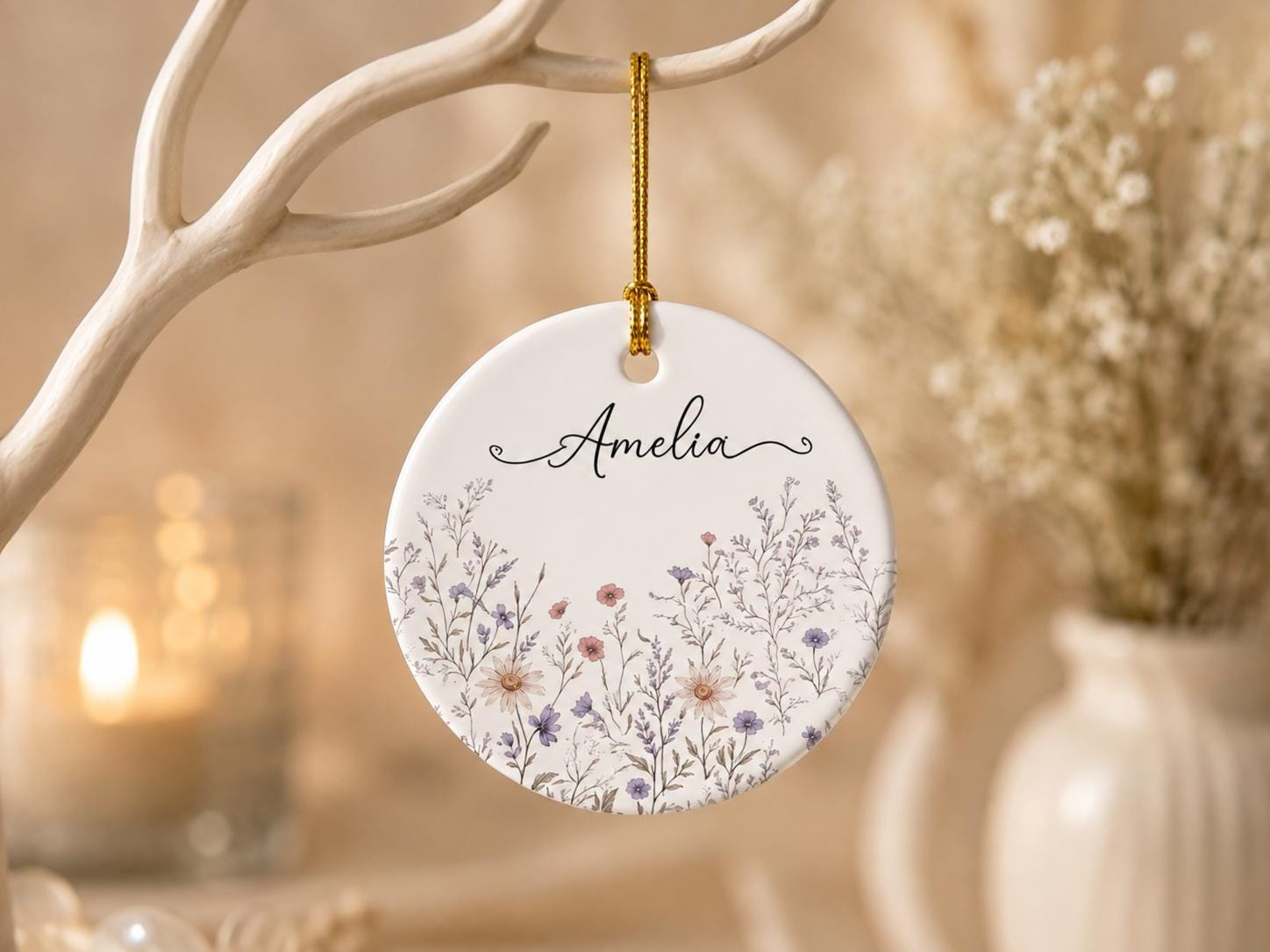 Custom Name Flower Ornament, Personalized Ceramic Memorial Keepsake Gift for Her, Floral Sympathy Decor Custom Name Flower Ornament, Personalized Ceramic Memorial Keepsake Gift for Her, Floral Sympathy Decor