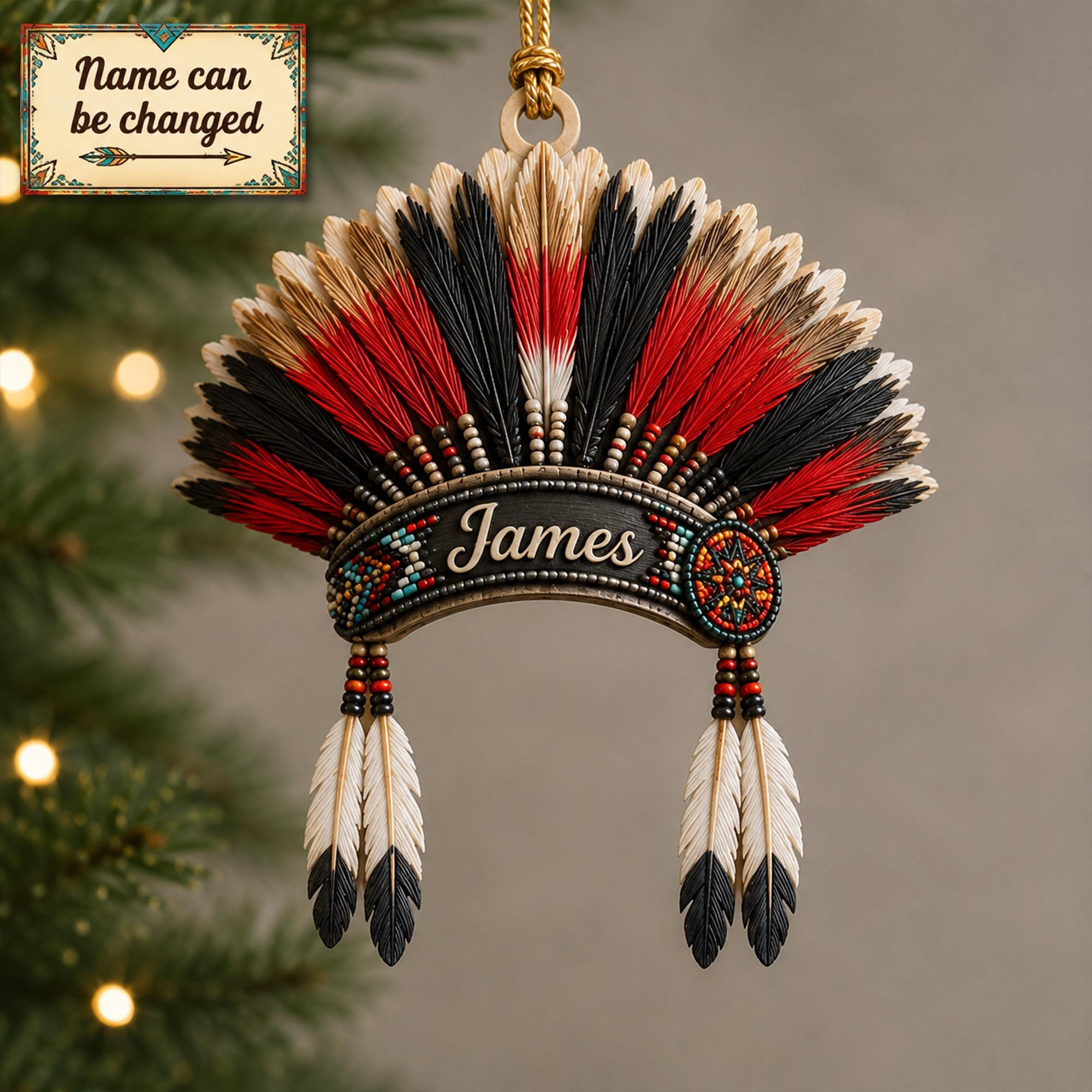 Red Feather Headpiece Custom Name Ornament, Personalized Xmas Gift For Him, Western Boho Holiday Decor