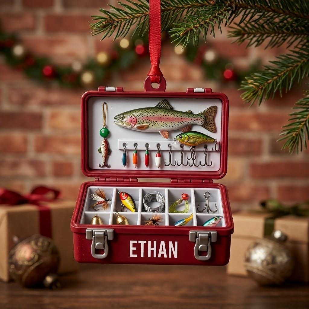 Personalized Miniature Fishing Tackle Box 2D Flat Acrylic Christmas Ornament with Lures & Trout