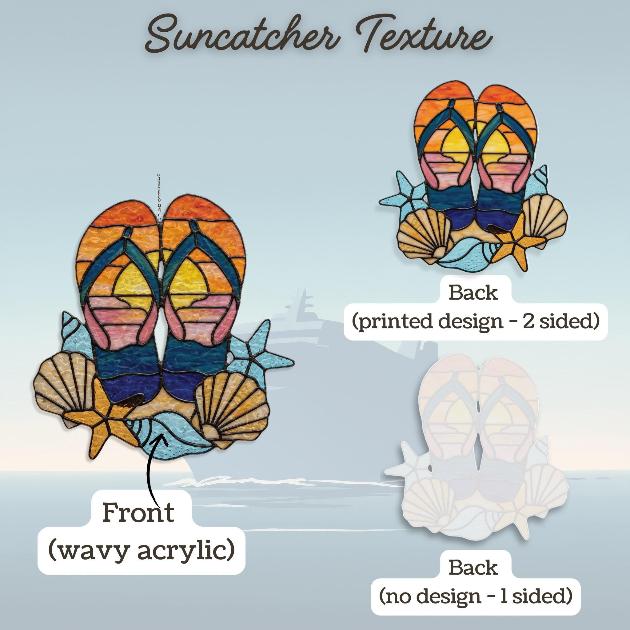 Flip Flops & Sunset Suncatcher Hanging, Beach House Decor, Beach Shell Window Ornament, Holographic Sun and Light Catche 4 - MeasureMason Flip Flops & Sunset Suncatcher Hanging, Beach House Decor, Beach Shell Window Ornament, Holographic Sun and Light Catche 4