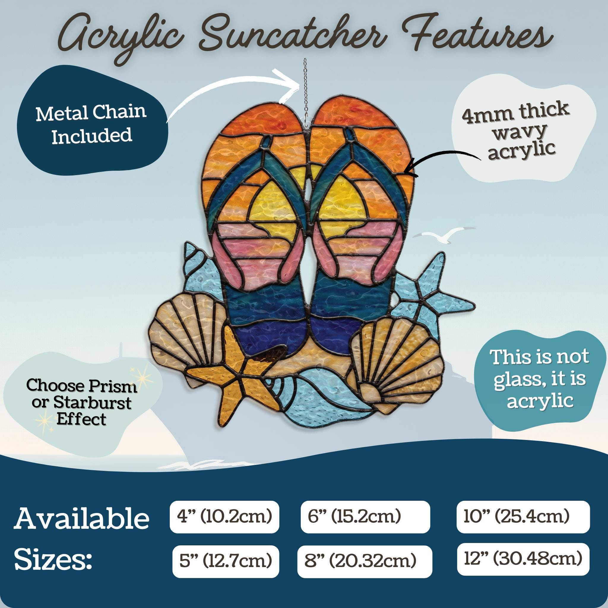 Flip Flops & Sunset Suncatcher Hanging, Beach House Decor, Beach Shell Window Ornament, Holographic Sun and Light Catche 3 - MeasureMason Flip Flops & Sunset Suncatcher Hanging, Beach House Decor, Beach Shell Window Ornament, Holographic Sun and Light Catche 3