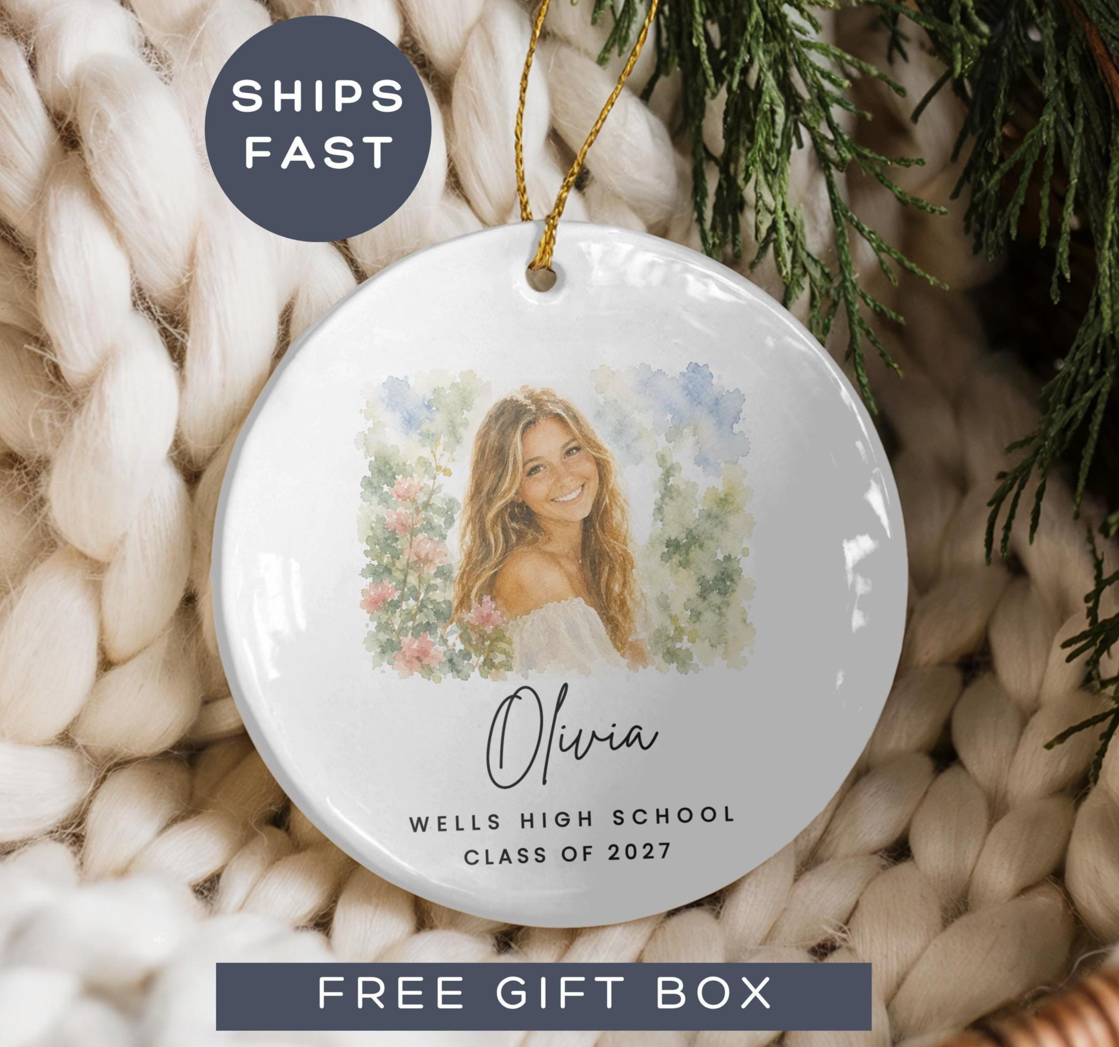 Personalized Senior 2027 Ornament, Custom Watercolor Photo Graduation Keepsake, Class of 2027 Christmas Gift