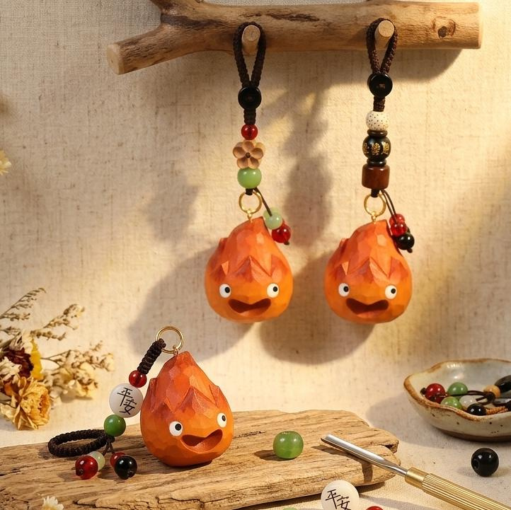 Mini Hand Carved Wooden Flame Keychain - Inspirational Fire Figurine Gift - Passion & Energy Symbol Bag Charm - Handmade