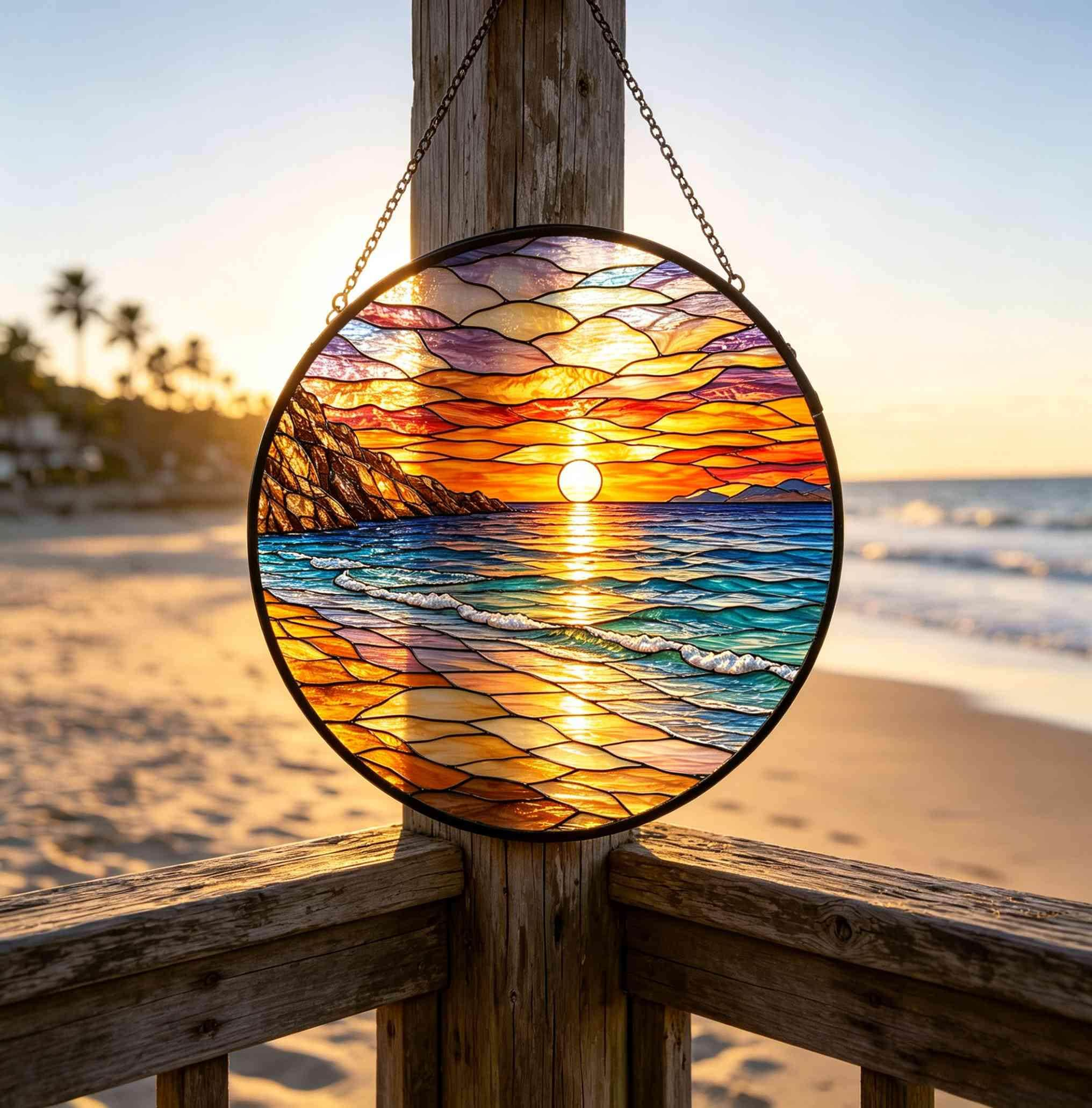 Custom Ocean Sunset Stained Glass Suncatcher, Personalized Beach Decor, Coastal Window Hanging