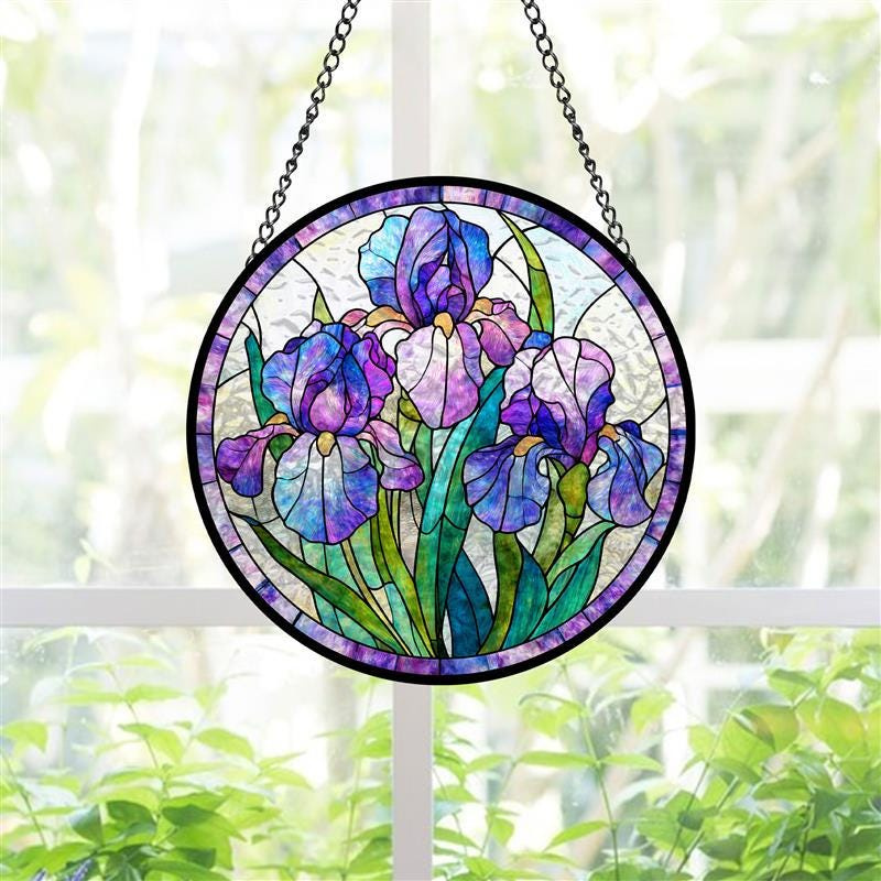 Purple Iris Stained Glass Suncatcher Window Hanging
