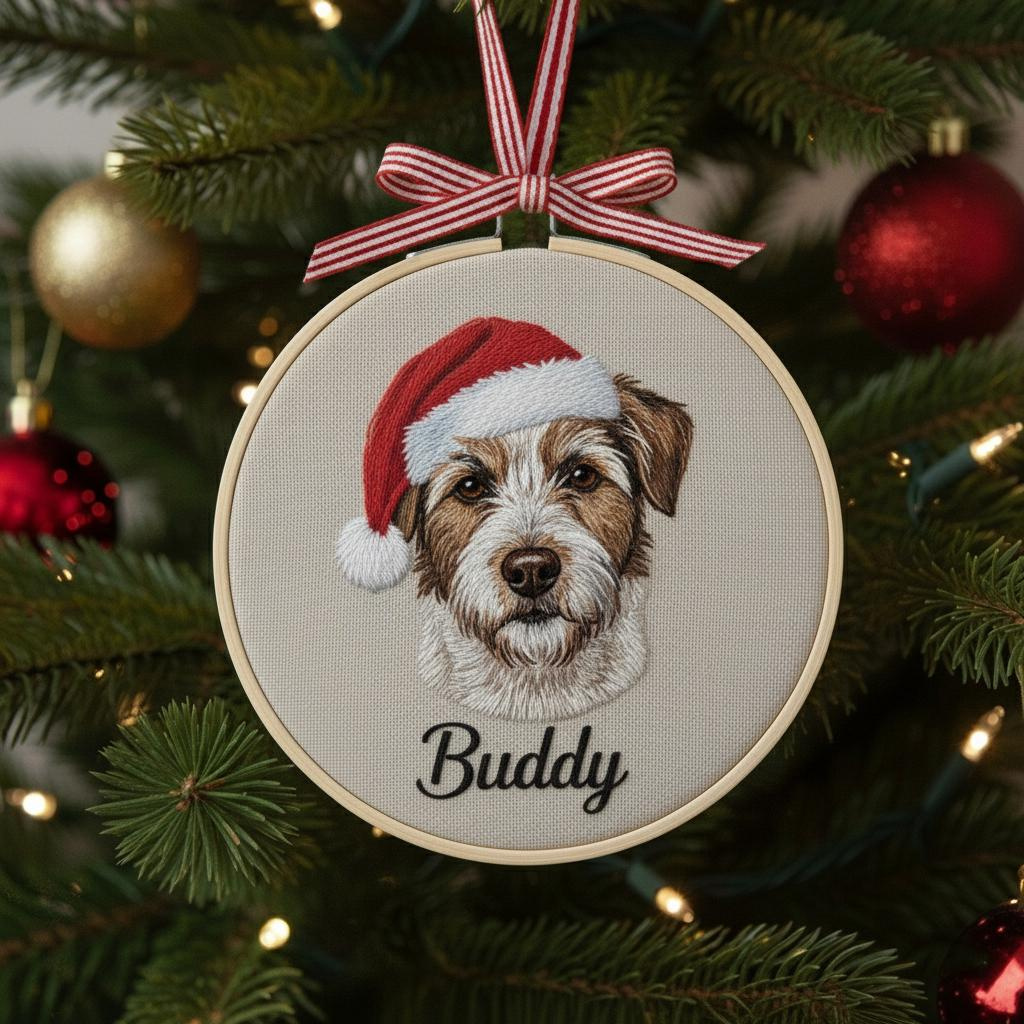 Handmade Embroidered Pet Portrait Ornament - Personalized Christmas Memorial Gift from Photo Handmade Embroidered Pet Portrait Ornament - Personalized Christmas Memorial Gift from Photo