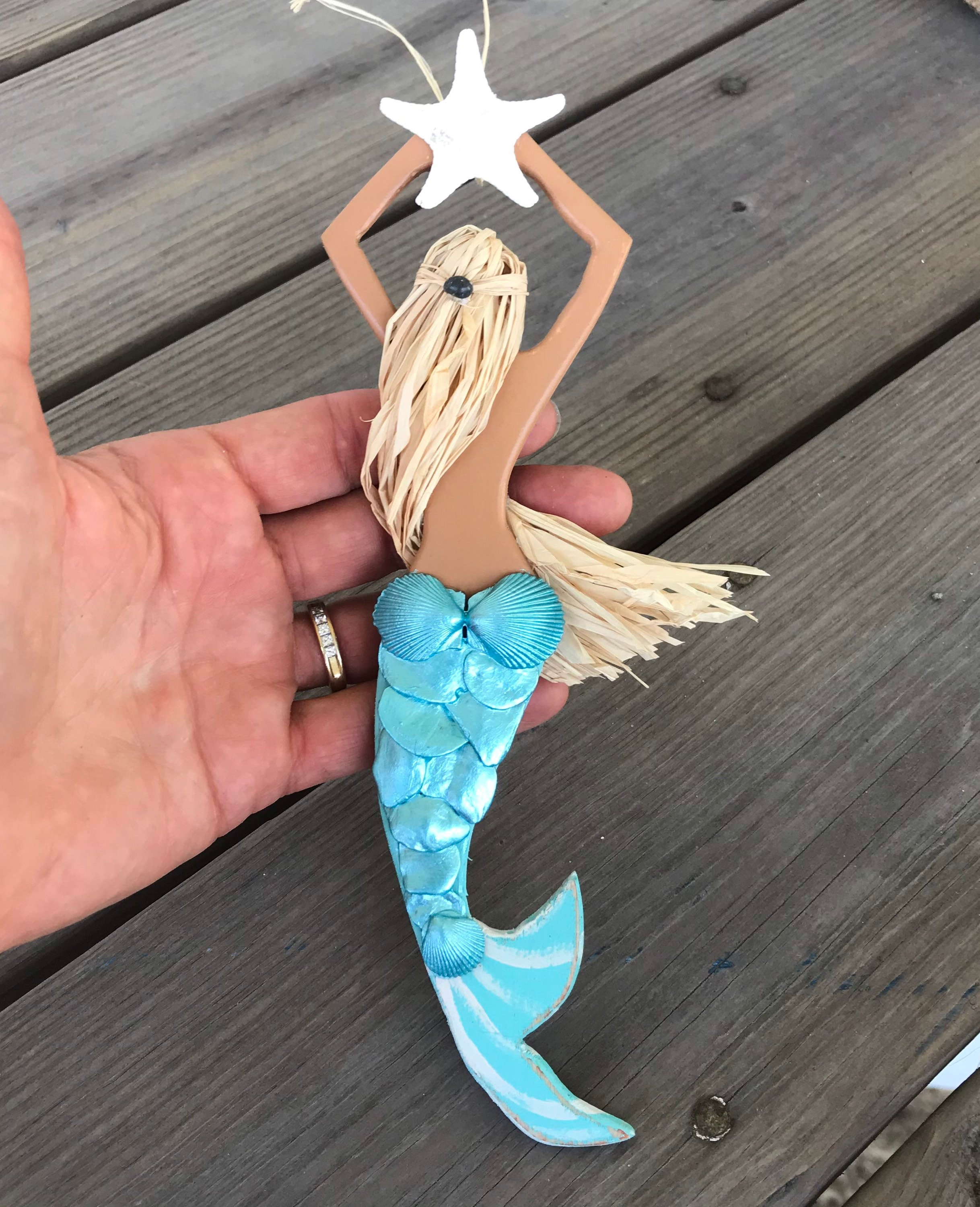 Handmade Mermaid Ornament with Seashells & Starfish - Coastal Christmas Tree Decoration or Rear View Mirror Charm 2 - MeasureMason Handmade Mermaid Ornament with Seashells & Starfish - Coastal Christmas Tree Decoration or Rear View Mirror Charm 2