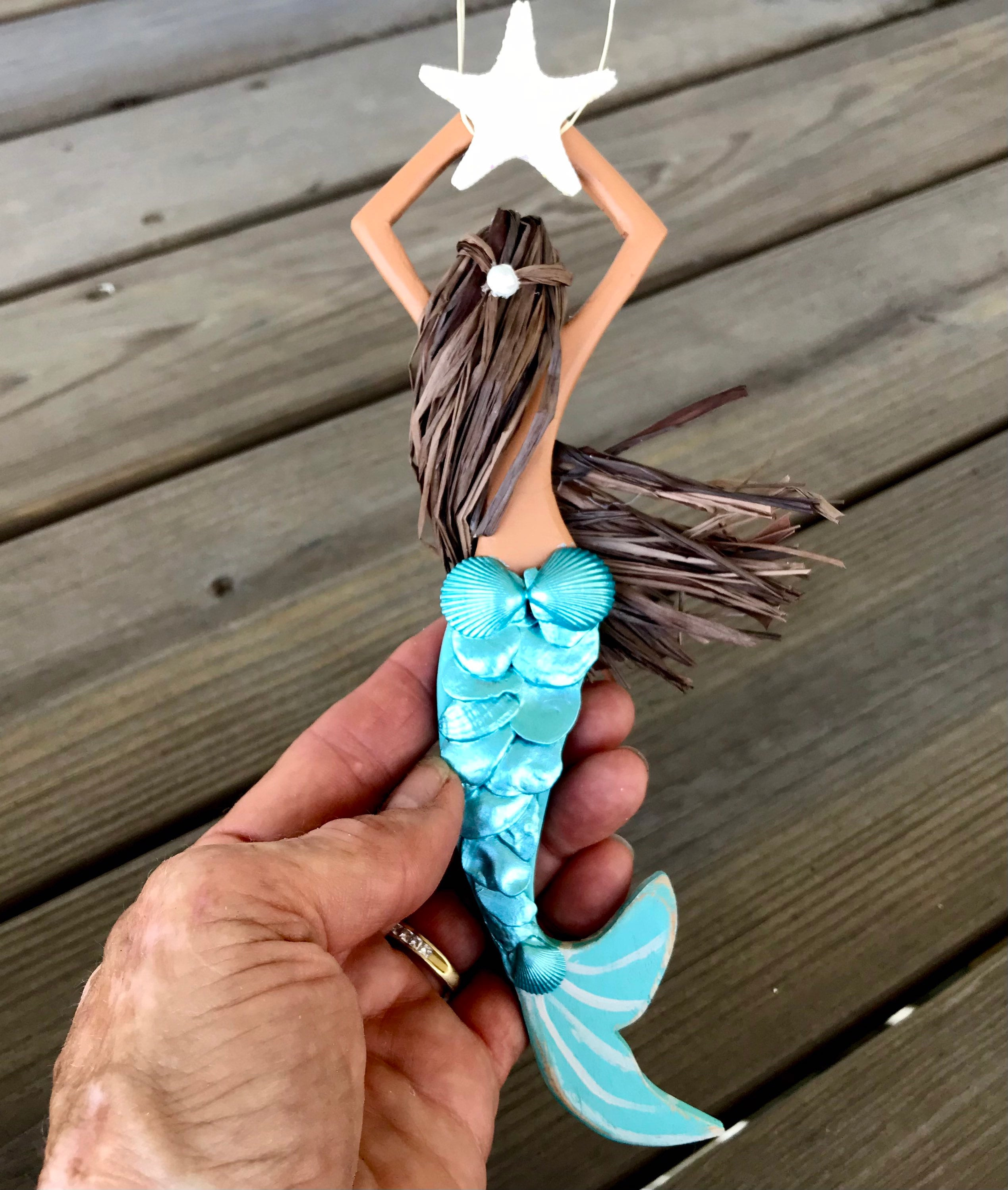 Handmade Mermaid Ornament with Seashells & Starfish - Coastal Christmas Tree Decoration or Rear View Mirror Charm 3 - MeasureMason Handmade Mermaid Ornament with Seashells & Starfish - Coastal Christmas Tree Decoration or Rear View Mirror Charm 3