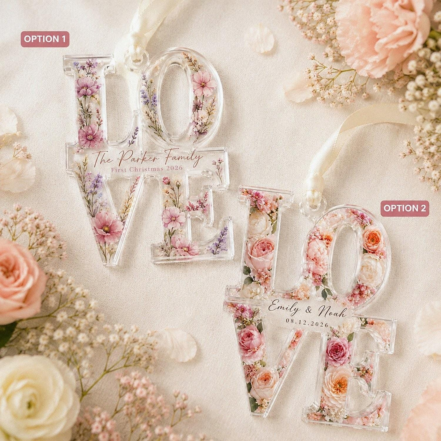 Custom LOVE Acrylic Ornament, Faux Boho Pressed Flower Print, First Christmas Couple Keepsake, Wedding Gift 2 - MeasureMason Custom LOVE Acrylic Ornament, Faux Boho Pressed Flower Print, First Christmas Couple Keepsake, Wedding Gift 2