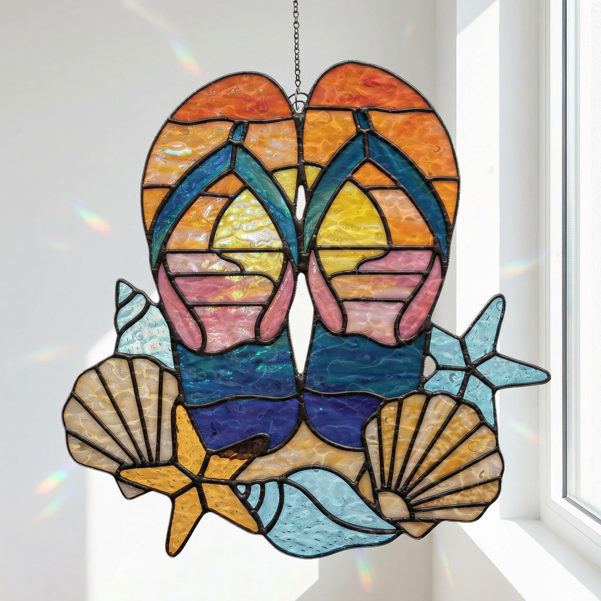 Flip Flops & Sunset Suncatcher Hanging, Beach House Decor, Beach Shell Window Ornament, Holographic Sun and Light Catche 1 - MeasureMason Flip Flops & Sunset Suncatcher Hanging, Beach House Decor, Beach Shell Window Ornament, Holographic Sun and Light Catche 1