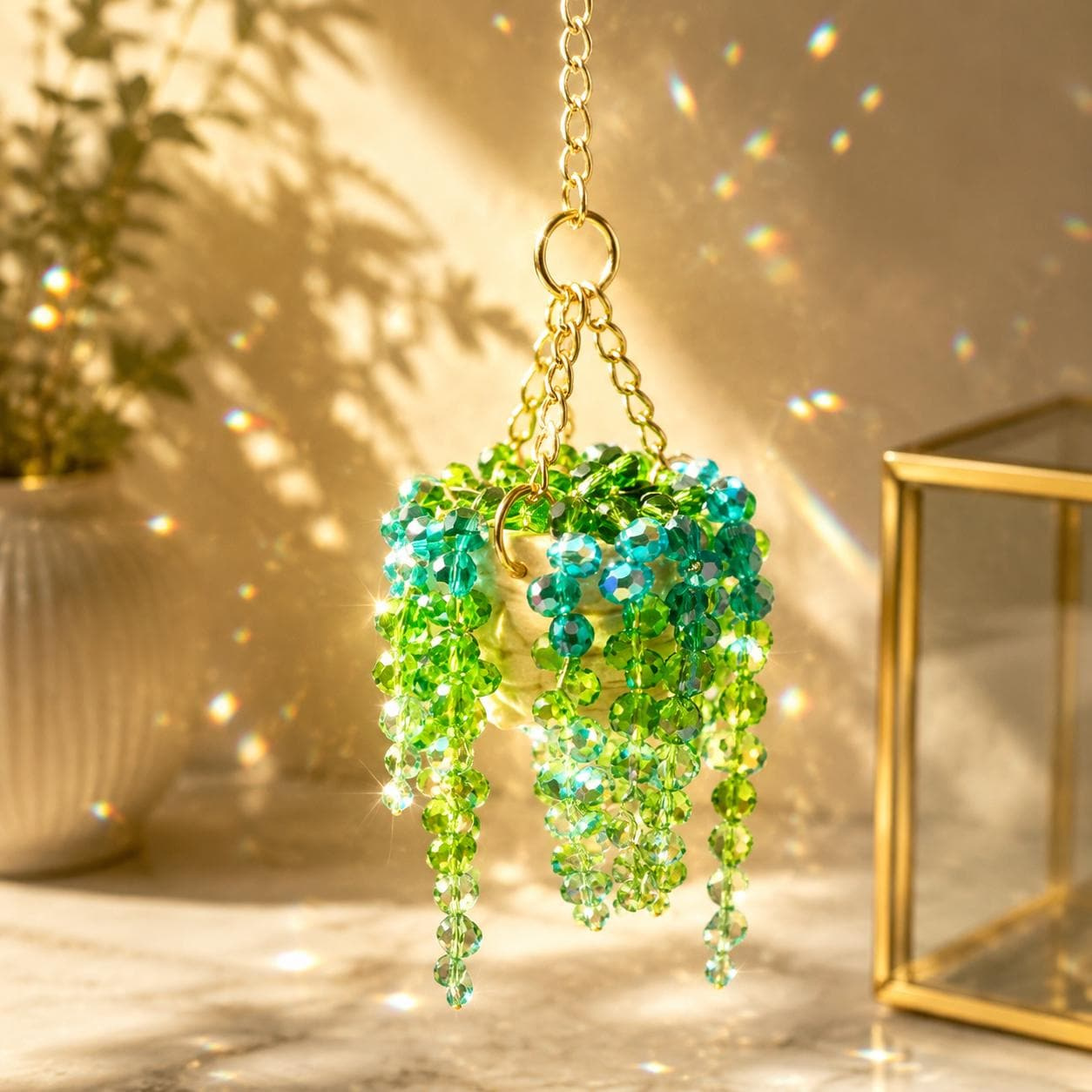 Mini Beaded Plant Sun Catcher with Chain Hook, Crystal Flower Pot Pendant, Sparkly Home Décor Hanging Ornament Mini Beaded Plant Sun Catcher with Chain Hook, Crystal Flower Pot Pendant, Sparkly Home Décor Hanging Ornament