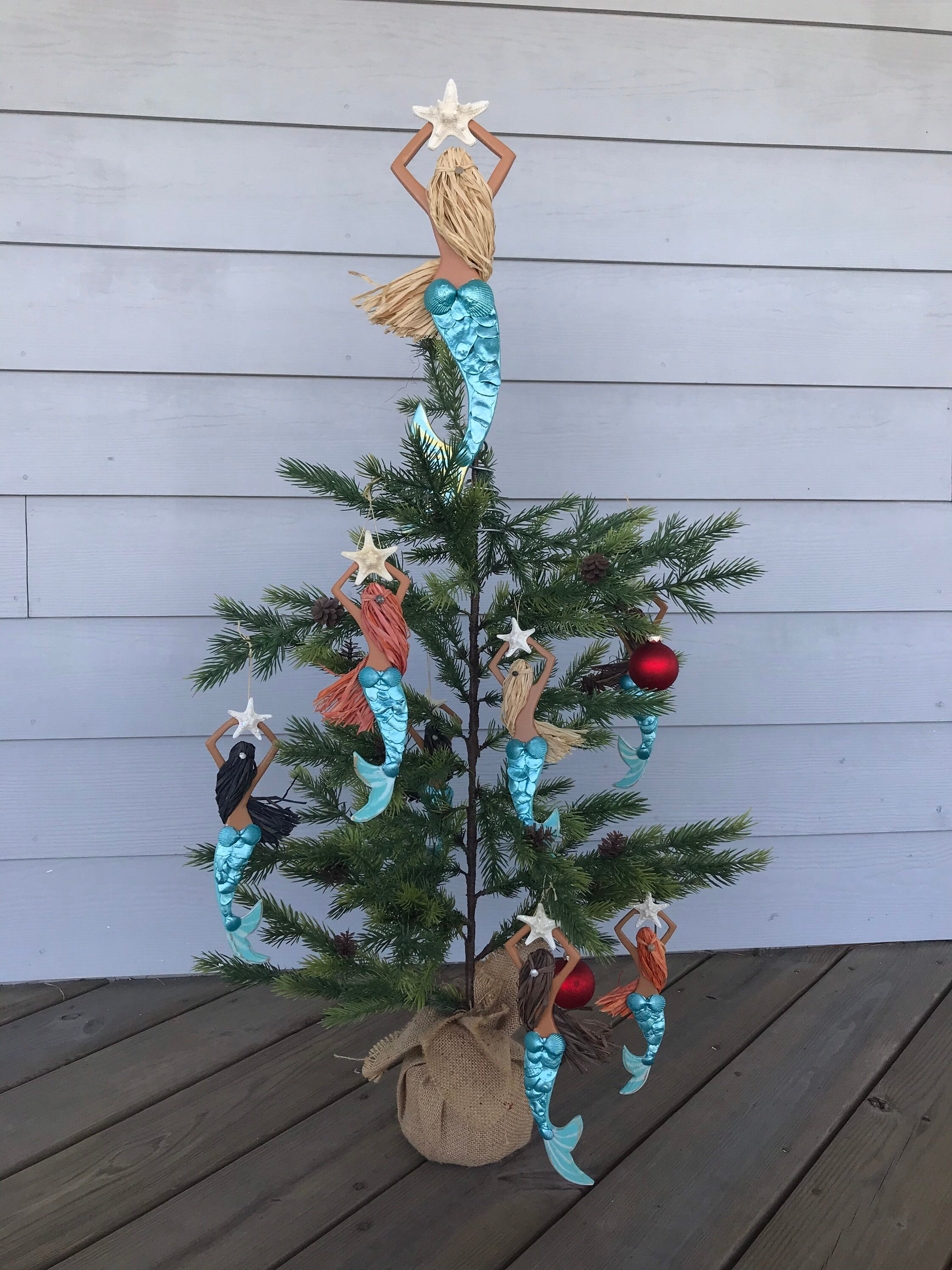 Handmade Mermaid Ornament with Seashells & Starfish - Coastal Christmas Tree Decoration or Rear View Mirror Charm 1 - MeasureMason Handmade Mermaid Ornament with Seashells & Starfish - Coastal Christmas Tree Decoration or Rear View Mirror Charm 1