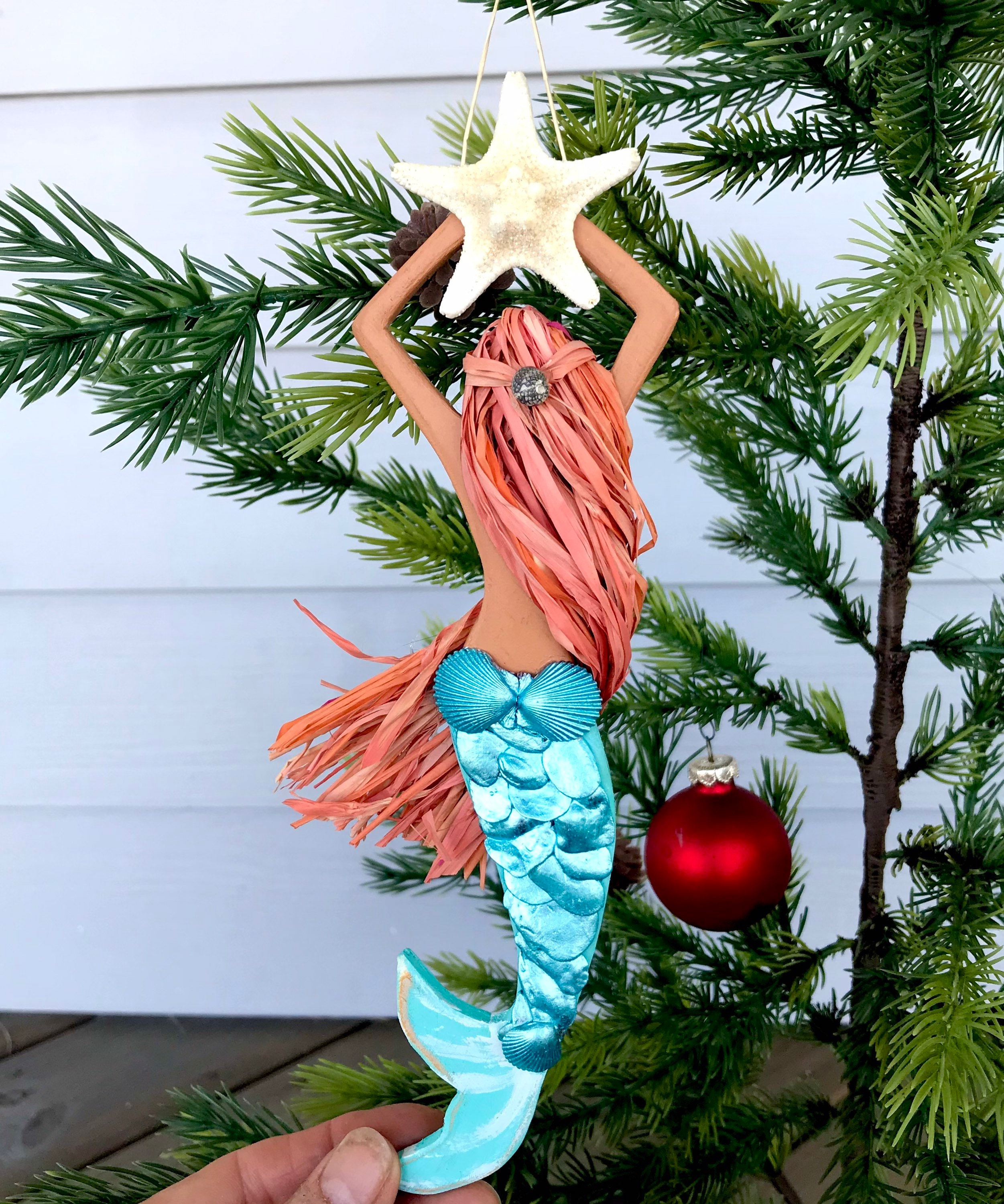 Handmade Mermaid Ornament with Seashells & Starfish - Coastal Christmas Tree Decoration or Rear View Mirror Charm 4 - MeasureMason Handmade Mermaid Ornament with Seashells & Starfish - Coastal Christmas Tree Decoration or Rear View Mirror Charm 4
