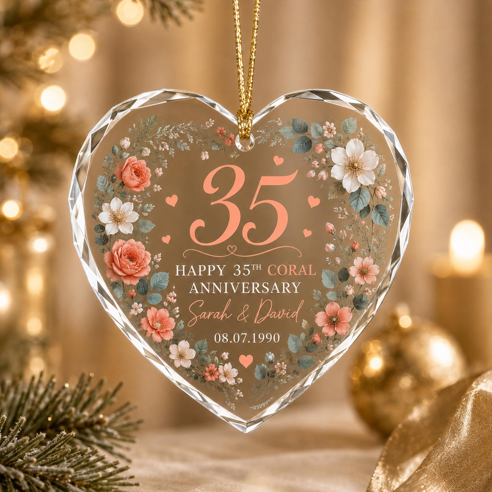 Personalized 35th Anniversary Glass Ornament, Coral Wedding Gift, Couple Keepsake, Heart or Round Personalized 35th Anniversary Glass Ornament, Coral Wedding Gift, Couple Keepsake, Heart or Round