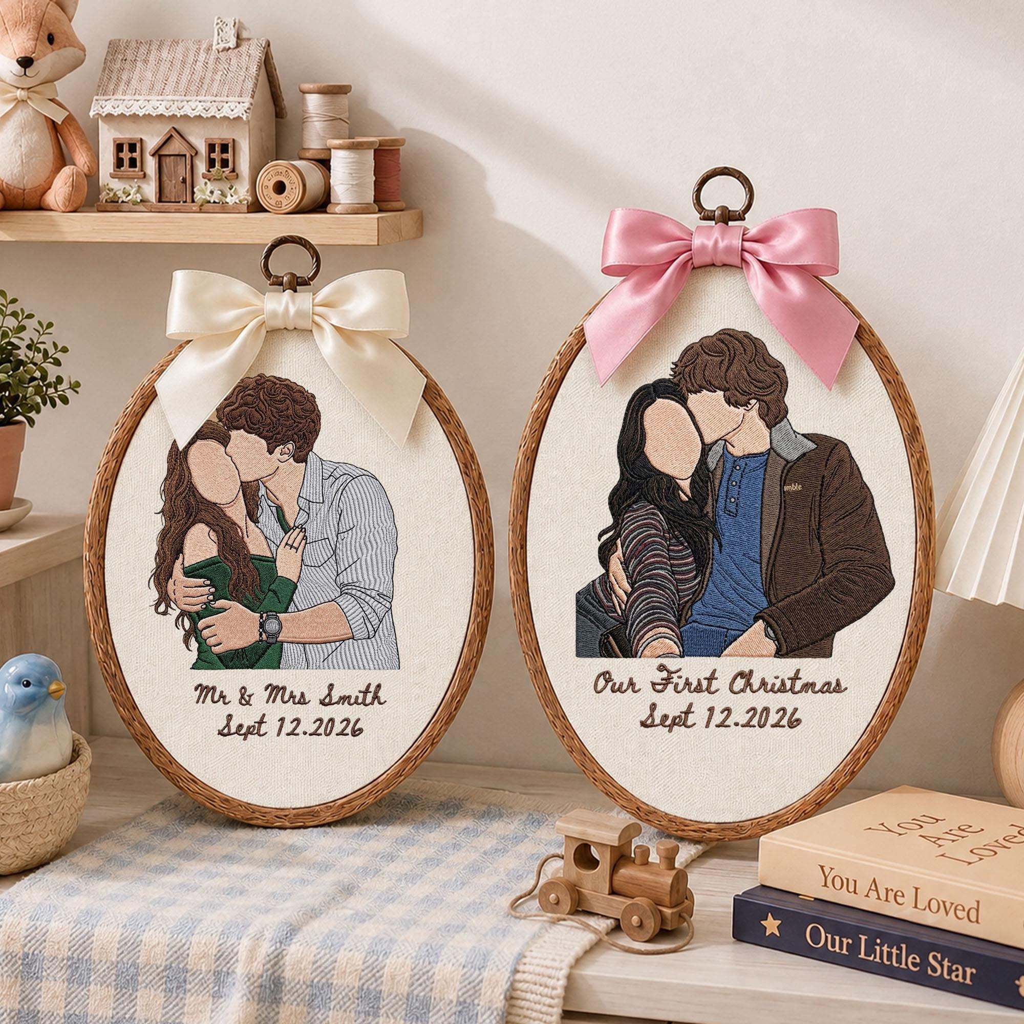 Custom Embroidery Portrait from Photo, Personalized Couple Ornament, Anniversary Wedding Gift, Christmas Keepsake 2 - MeasureMason Custom Embroidery Portrait from Photo, Personalized Couple Ornament, Anniversary Wedding Gift, Christmas Keepsake 2