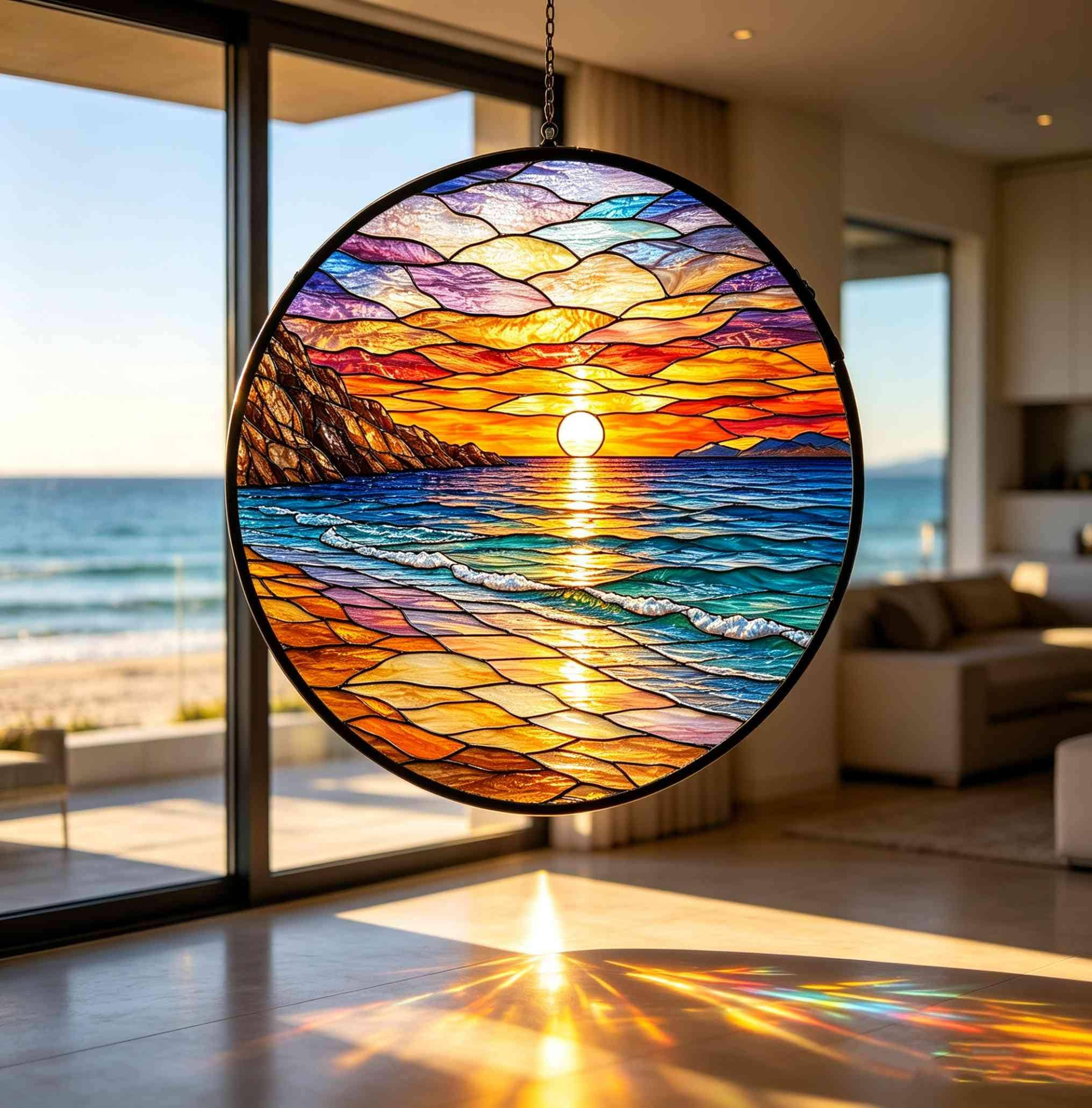Custom Ocean Sunset Stained Glass Suncatcher, Personalized Beach Decor, Coastal Window Hanging 1 - MeasureMason Custom Ocean Sunset Stained Glass Suncatcher, Personalized Beach Decor, Coastal Window Hanging 1