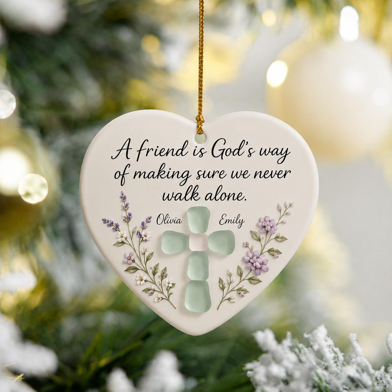 Personalized Heart Ceramic Christmas Ornament with Acrylic Cross, Christian Best Friend Gift, Sister in Christ