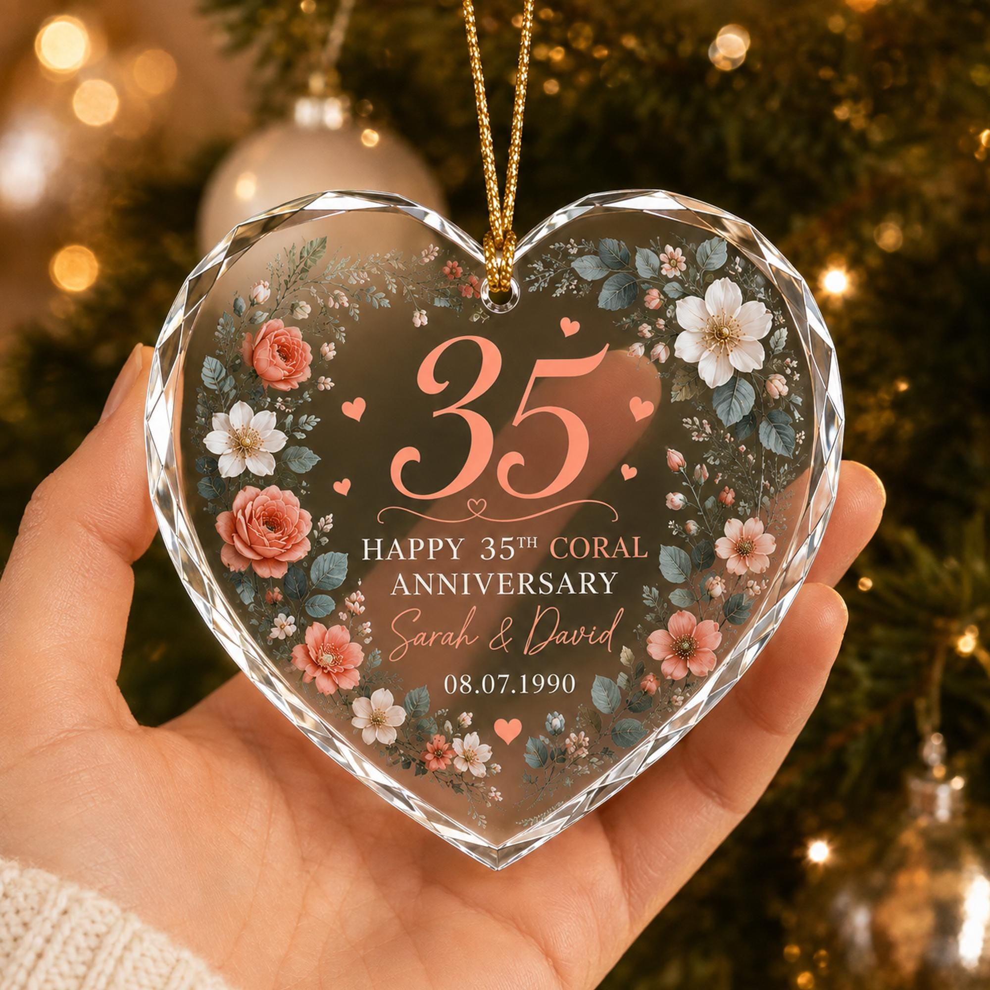 Personalized 35th Anniversary Glass Ornament, Coral Wedding Gift, Couple Keepsake, Heart or Round 1 - MeasureMason Personalized 35th Anniversary Glass Ornament, Coral Wedding Gift, Couple Keepsake, Heart or Round 1