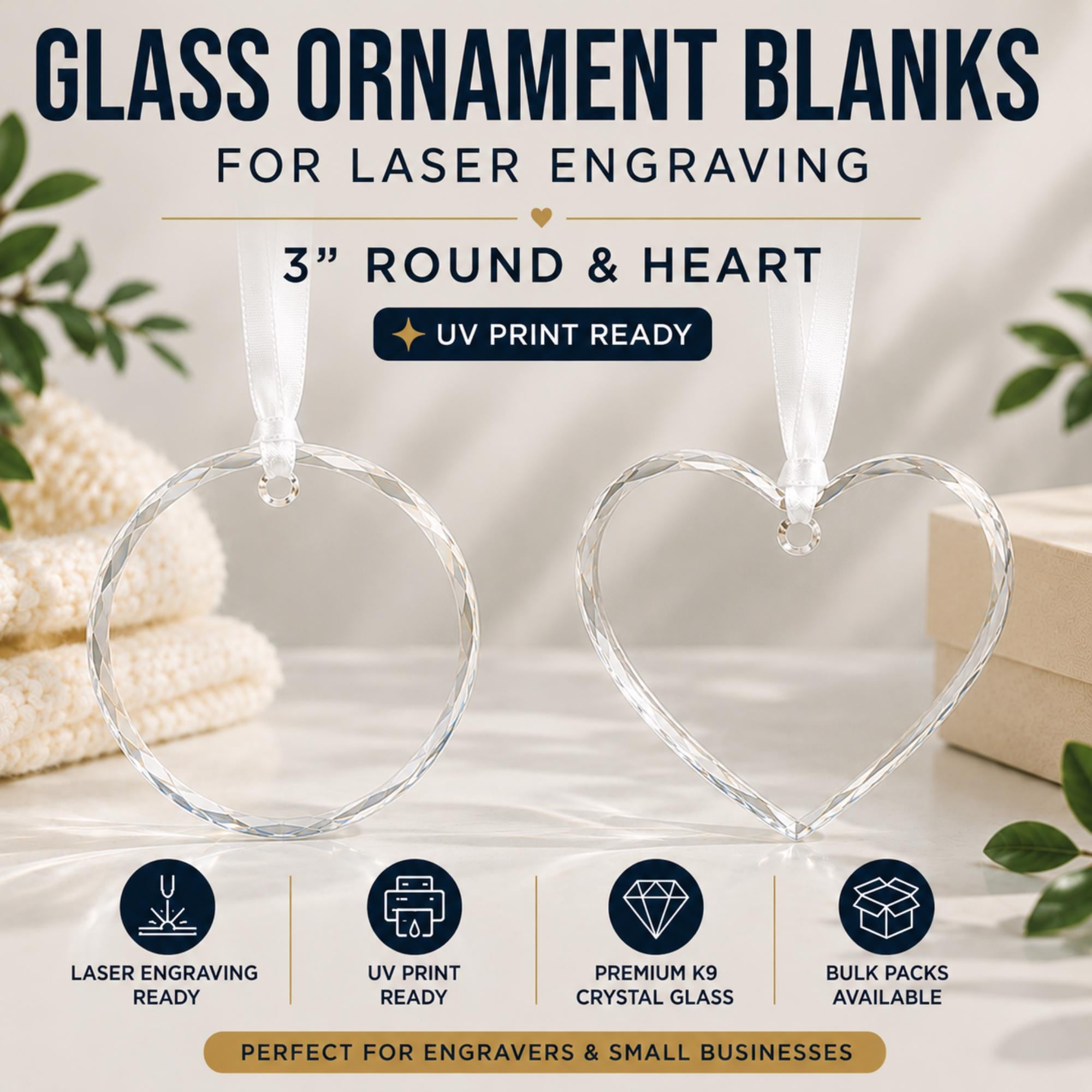 Clear Glass Ornament Blanks for Laser Engraving & UV Printing