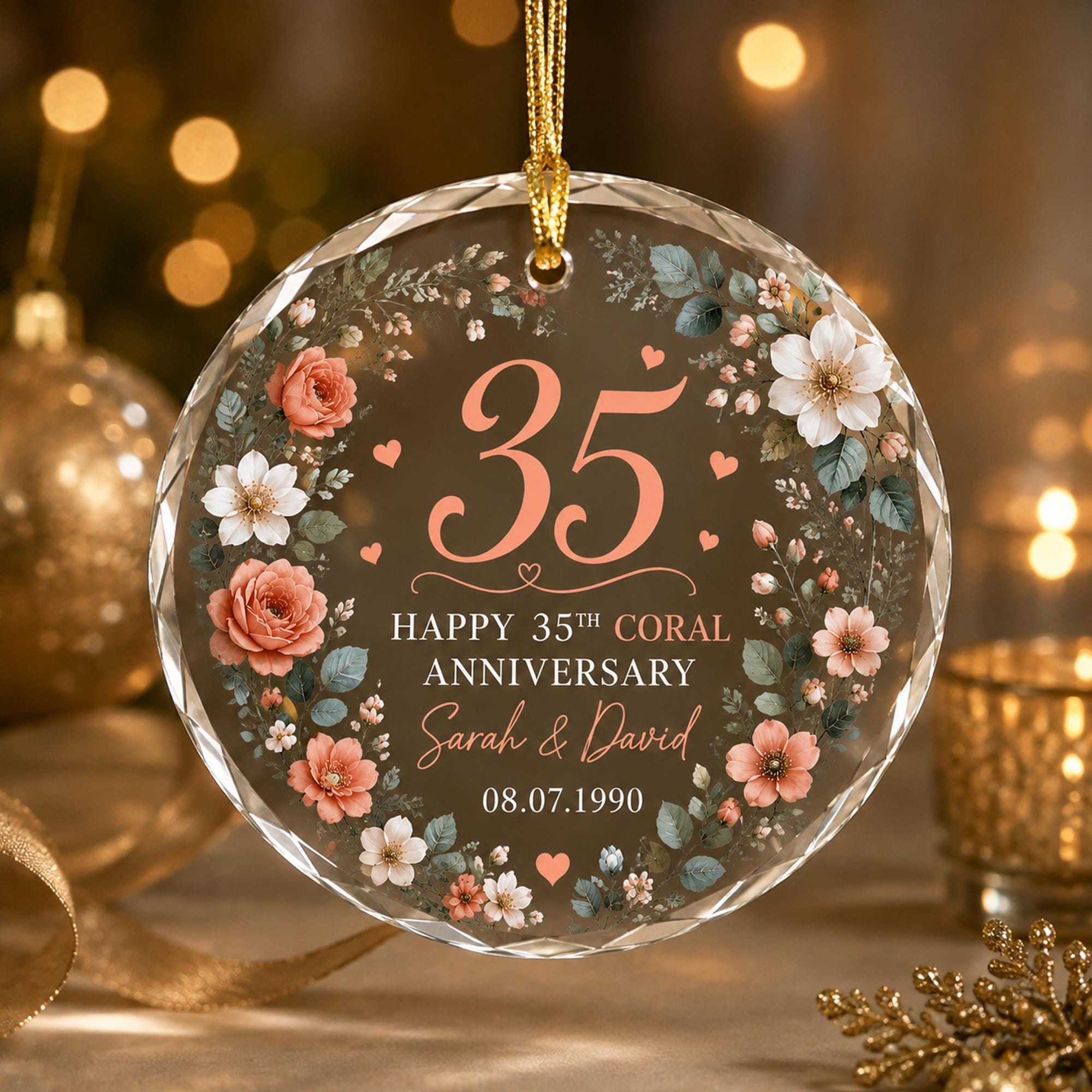Personalized 35th Anniversary Glass Ornament, Coral Wedding Gift, Couple Keepsake, Heart or Round 3 - MeasureMason Personalized 35th Anniversary Glass Ornament, Coral Wedding Gift, Couple Keepsake, Heart or Round 3