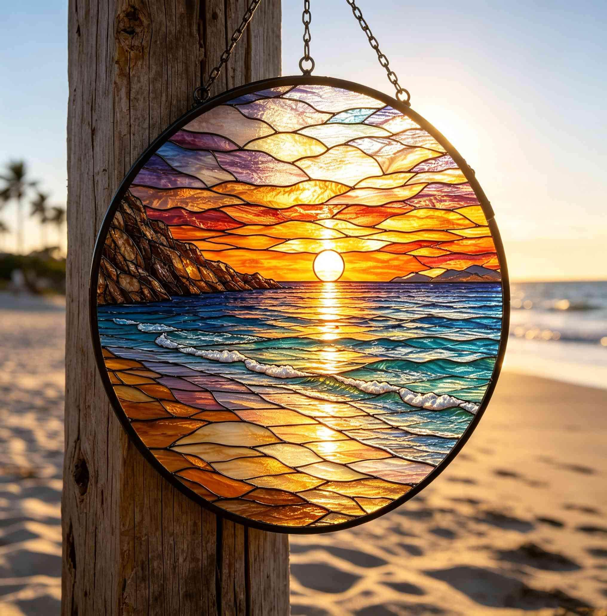 Custom Ocean Sunset Stained Glass Suncatcher, Personalized Beach Decor, Coastal Window Hanging 2 - MeasureMason Custom Ocean Sunset Stained Glass Suncatcher, Personalized Beach Decor, Coastal Window Hanging 2