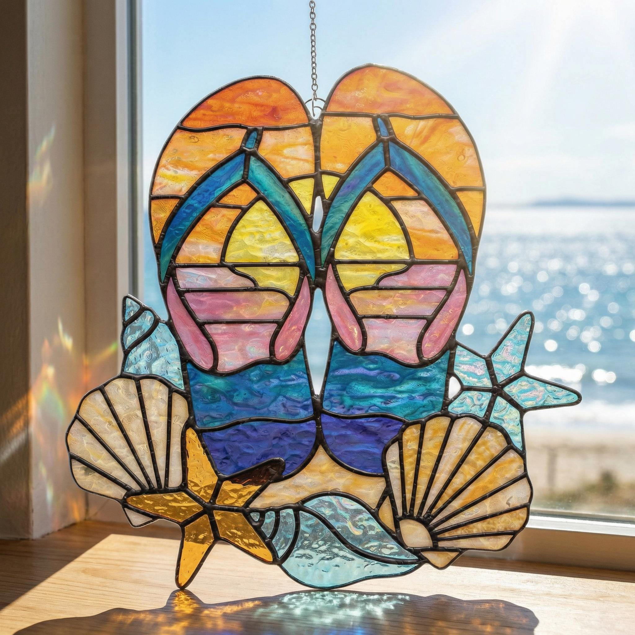 Flip Flops & Sunset Suncatcher Hanging, Beach House Decor, Beach Shell Window Ornament, Holographic Sun and Light Catche Flip Flops & Sunset Suncatcher Hanging, Beach House Decor, Beach Shell Window Ornament, Holographic Sun and Light Catche