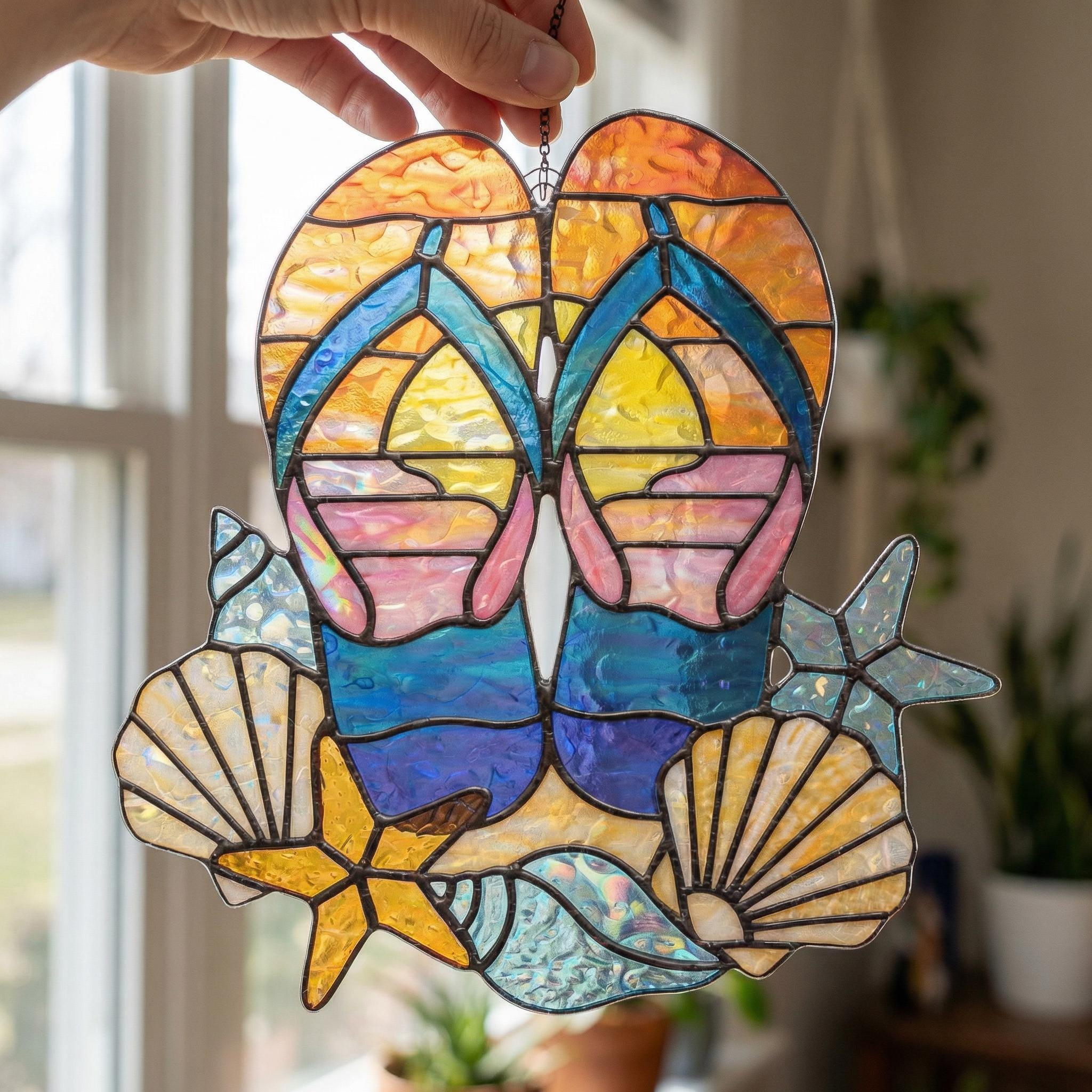 Flip Flops & Sunset Suncatcher Hanging, Beach House Decor, Beach Shell Window Ornament, Holographic Sun and Light Catche 2 - MeasureMason Flip Flops & Sunset Suncatcher Hanging, Beach House Decor, Beach Shell Window Ornament, Holographic Sun and Light Catche 2