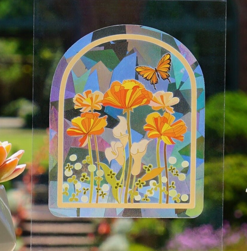 Golden Poppy Suncatcher Window Sticker - Rainbow Maker Decal, Floral Sun Catcher 5