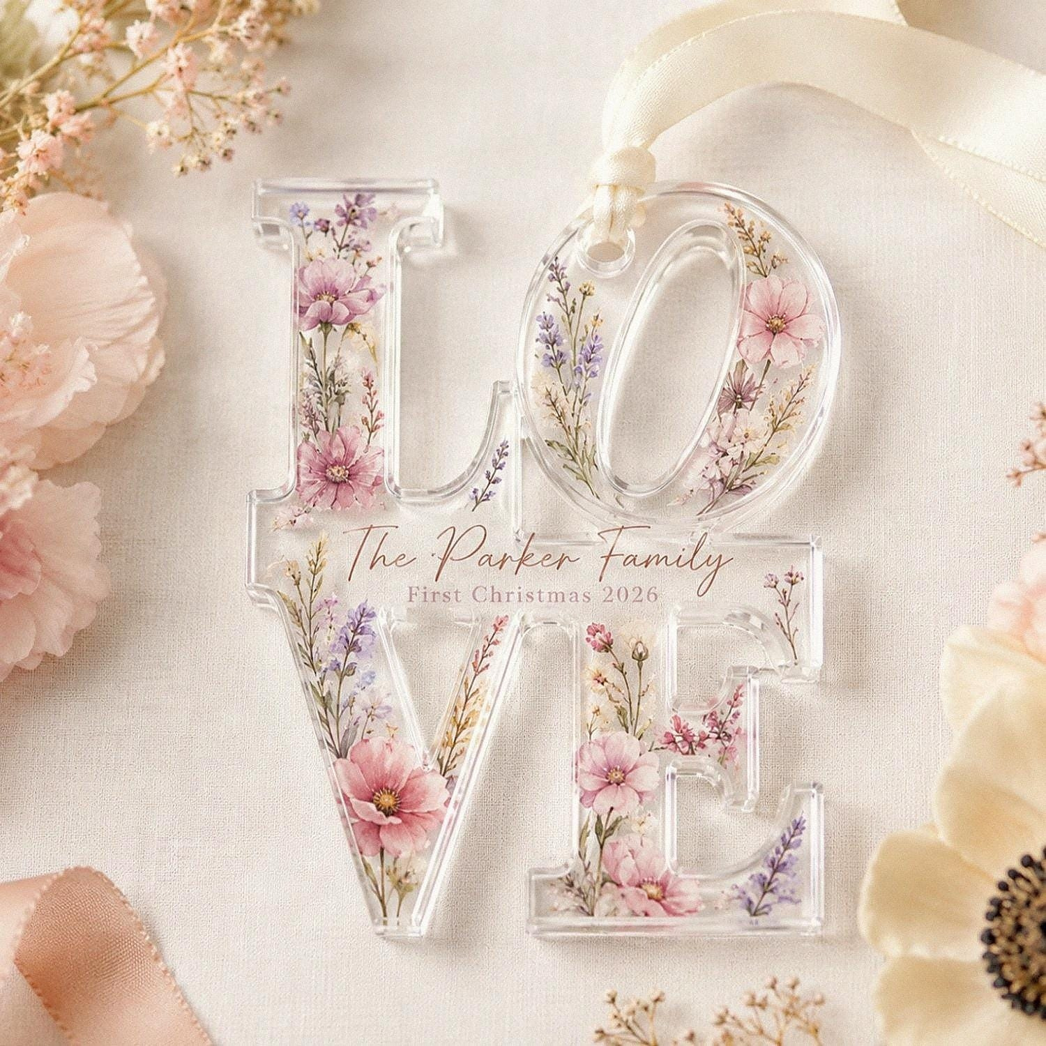 Custom LOVE Acrylic Ornament, Faux Boho Pressed Flower Print, First Christmas Couple Keepsake, Wedding Gift 1 - MeasureMason Custom LOVE Acrylic Ornament, Faux Boho Pressed Flower Print, First Christmas Couple Keepsake, Wedding Gift 1