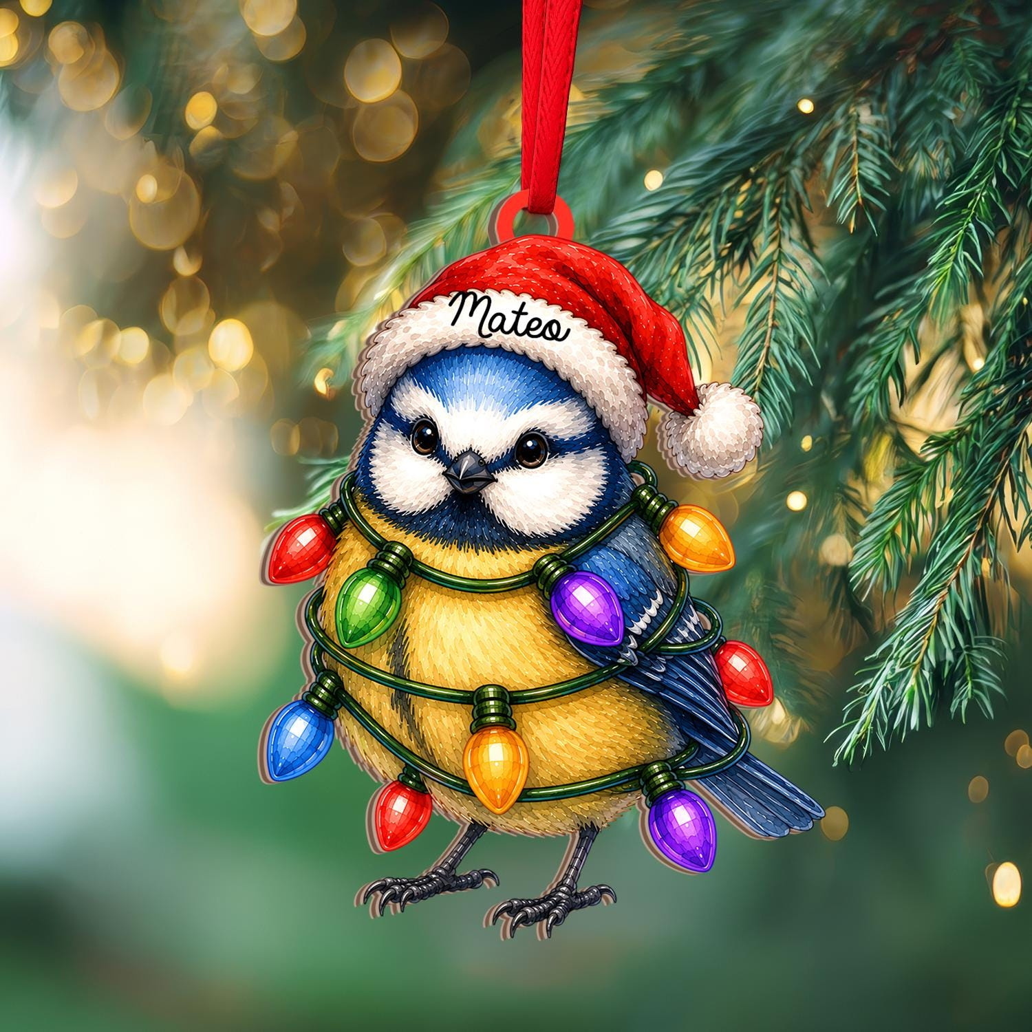 Personalized Blue Tit Bird Christmas Ornament with Custom Name