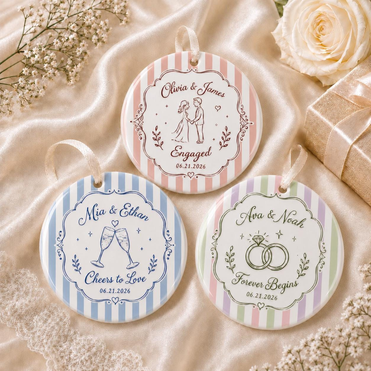 Personalized Striped Engagement Ornament, 2-Sided Ceramic Keepsake, Custom Names & Date, Couples Christmas Gift 2026