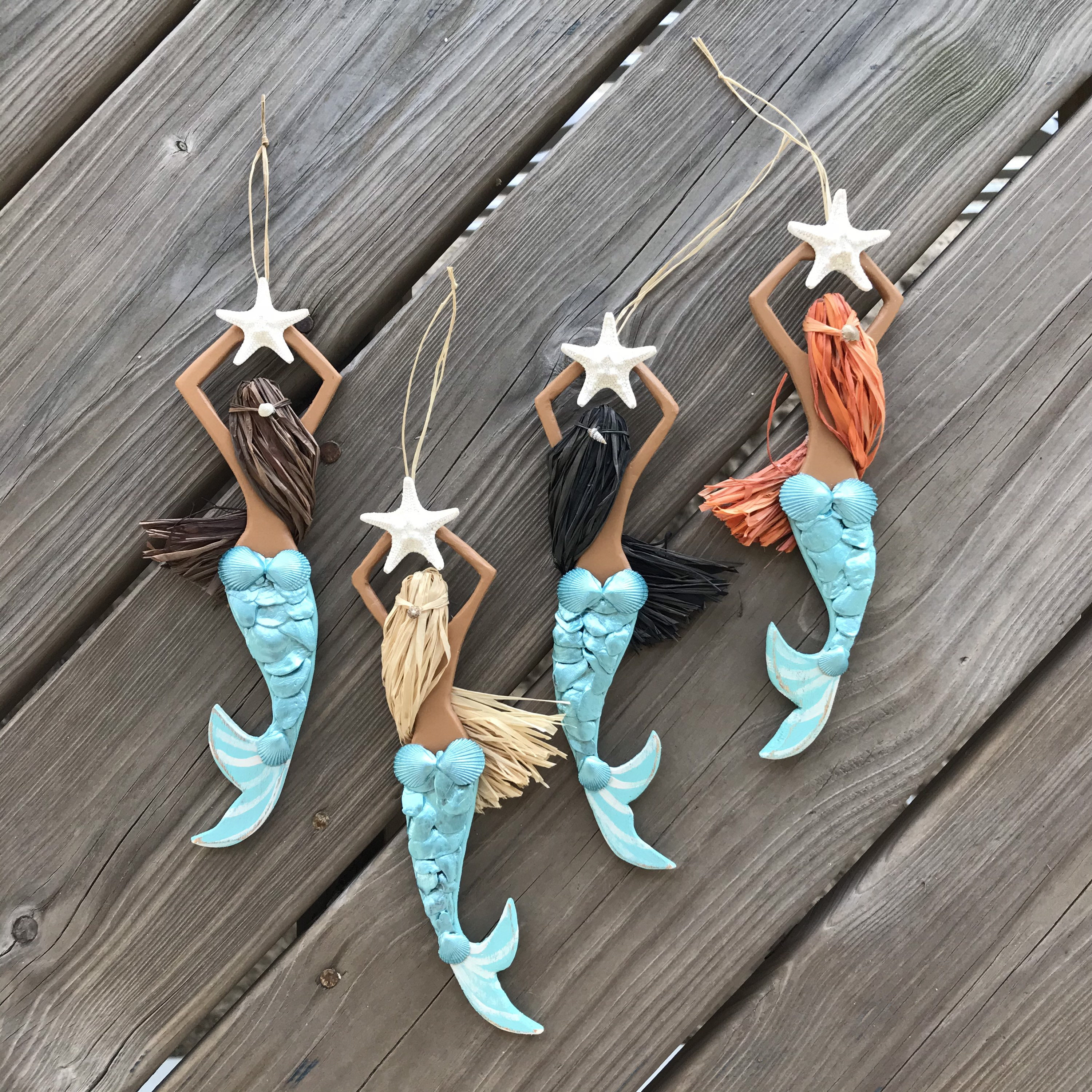 Handmade Mermaid Ornament with Seashells & Starfish - Coastal Christmas Tree Decoration or Rear View Mirror Charm Handmade Mermaid Ornament with Seashells & Starfish - Coastal Christmas Tree Decoration or Rear View Mirror Charm