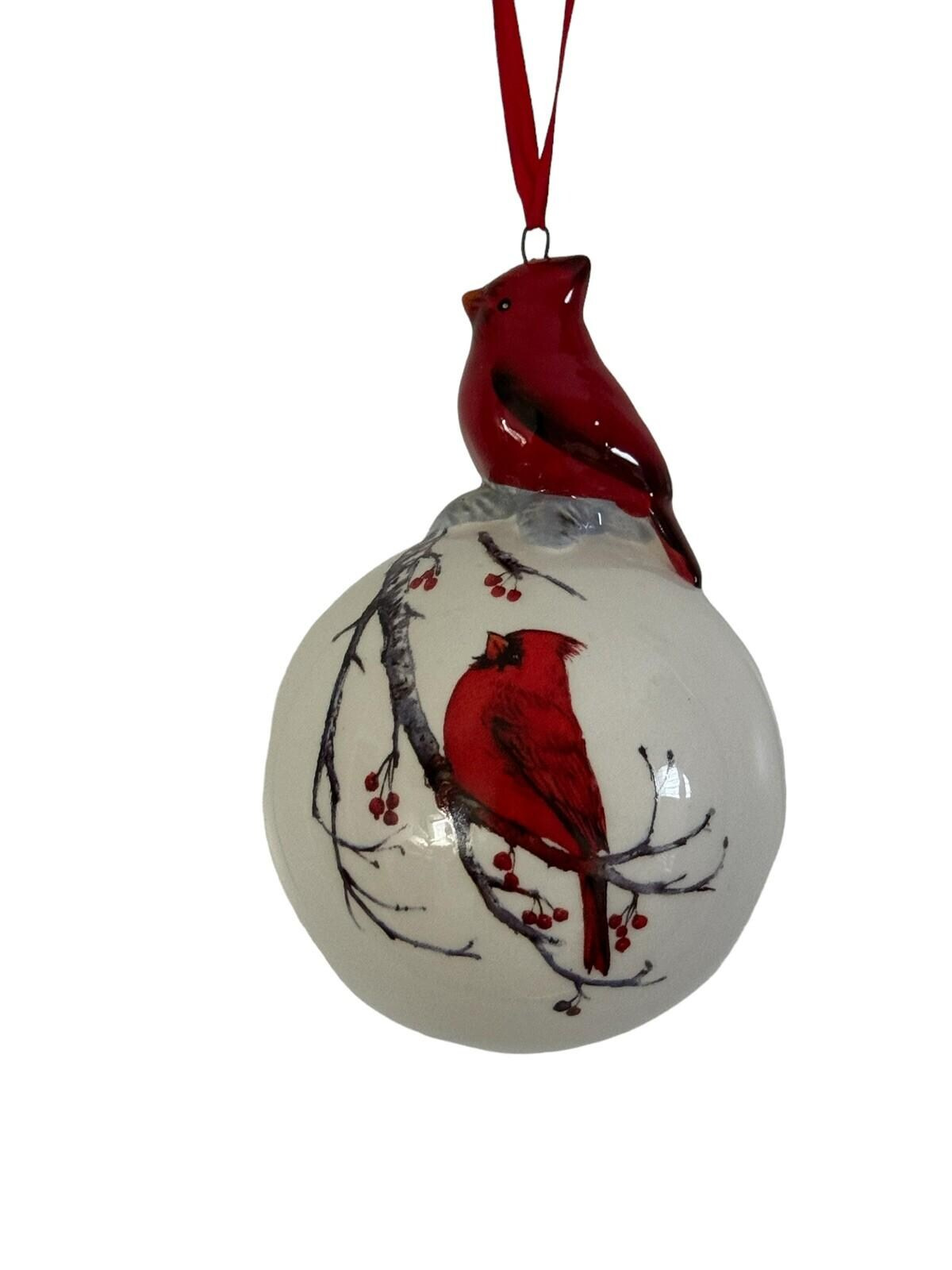 Vintage Red Cardinal Ceramic Ball Christmas Ornament Memorial Gift with Red Ribbon Holiday Tree Decor