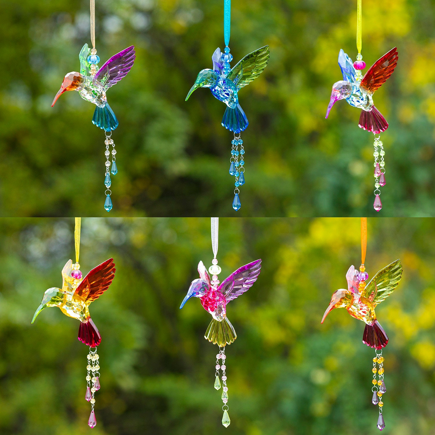 Hanging Five Tone Acrylic Hummingbird Ornaments in 6 Assorted Colors