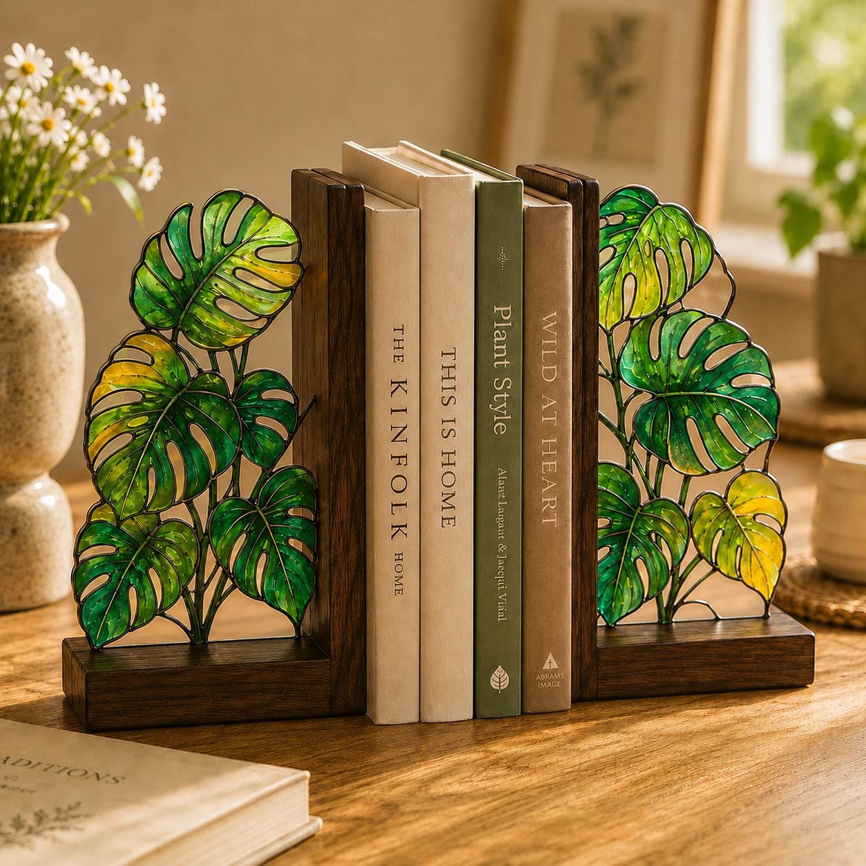 Monstera Leaf Acrylic Bookends - Botanical Home Décor Shelf Accents