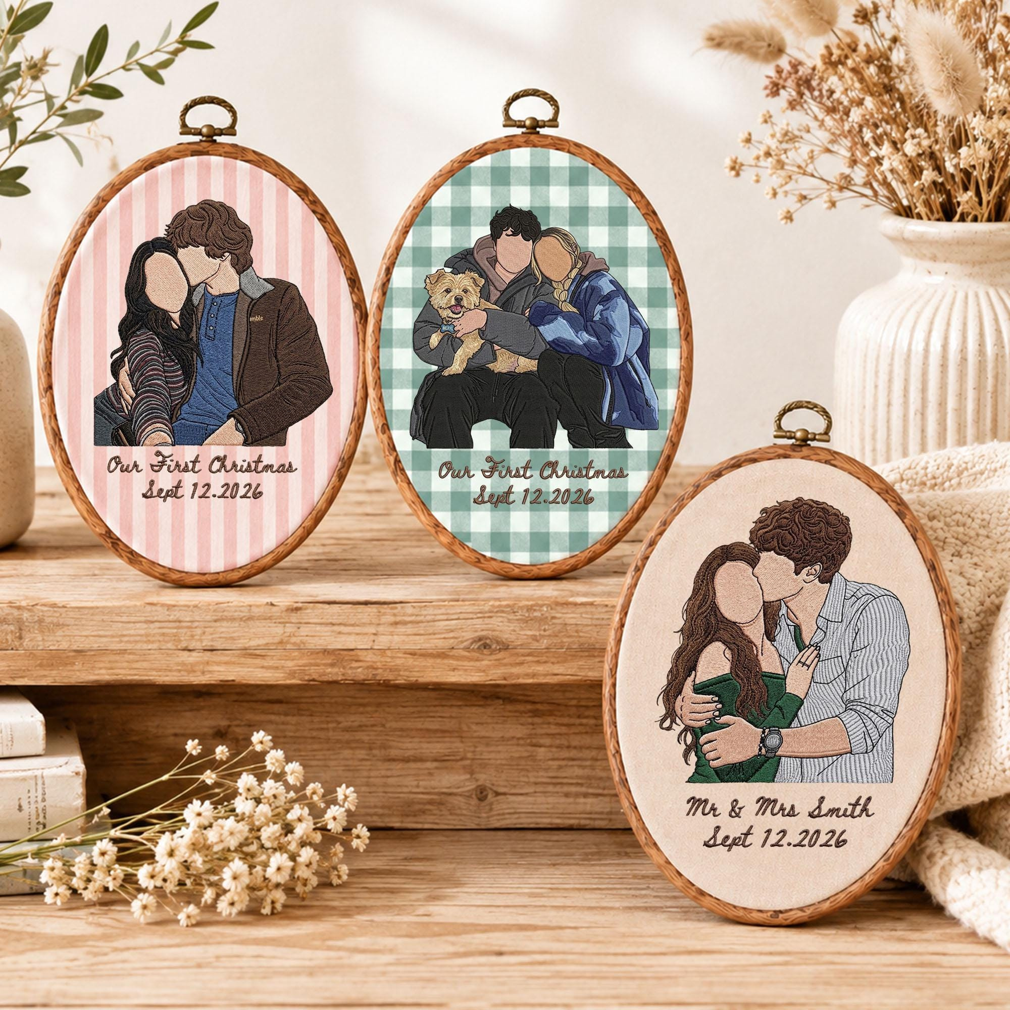 Custom Embroidery Portrait from Photo, Personalized Couple Ornament, Anniversary Wedding Gift, Christmas Keepsake 3 - MeasureMason Custom Embroidery Portrait from Photo, Personalized Couple Ornament, Anniversary Wedding Gift, Christmas Keepsake 3