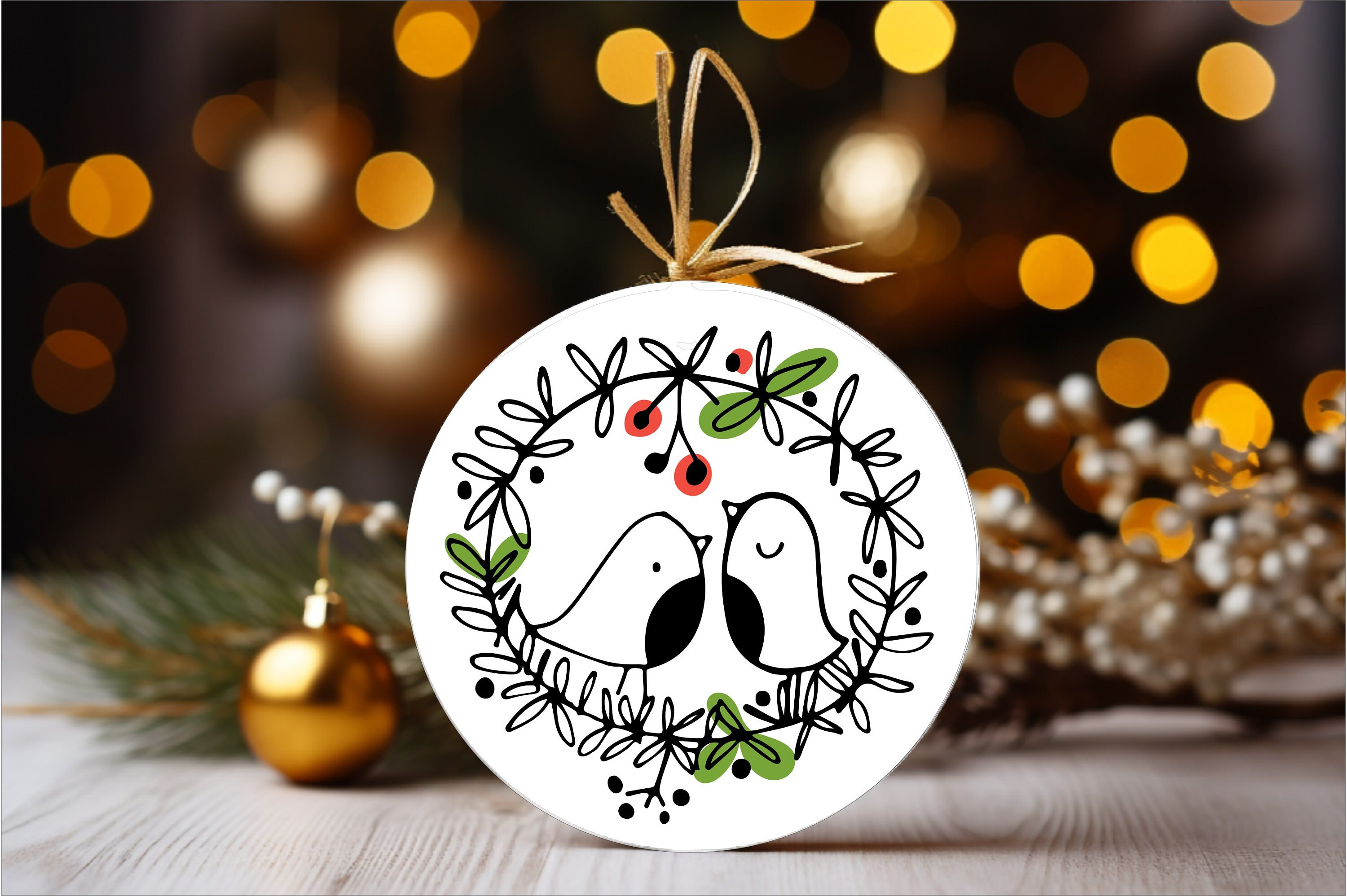 Two Turtle Doves Christmas Ornament - 3 Inch Round Ceramic Holiday Decoration