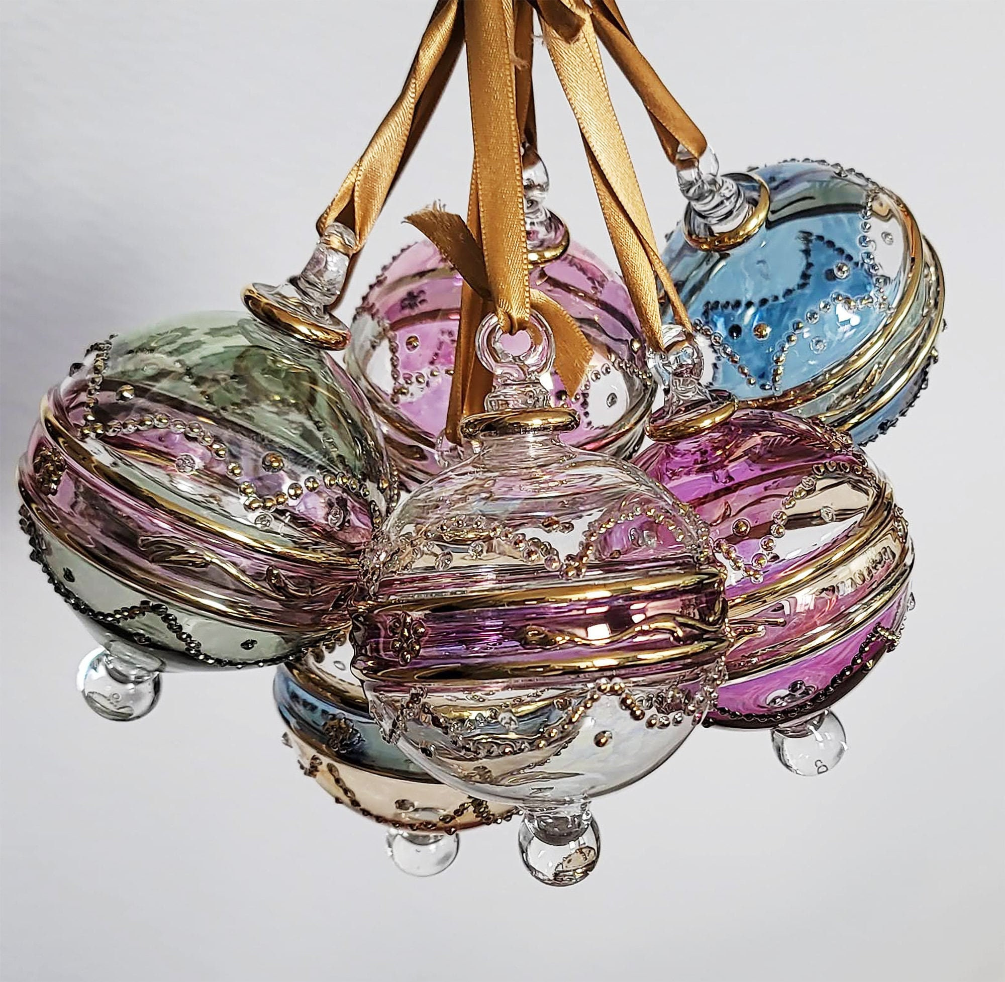 Hand Blown Glass Christmas Ornament with Hand Painted Gold Detail Vintage Globe Bauble